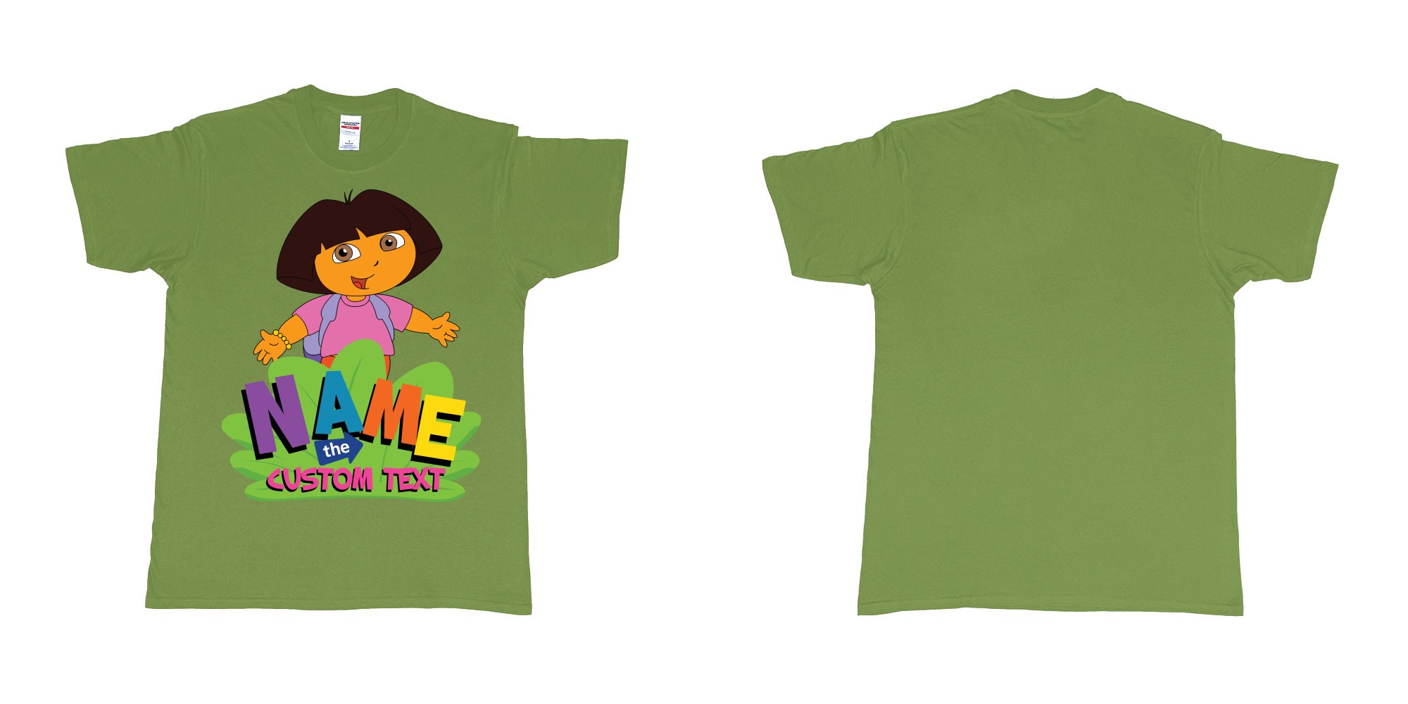 Custom tshirt design dora the explorer giving hug custom name and text design in fabric color military-green choice your own text made in Bali by The Pirate Way
