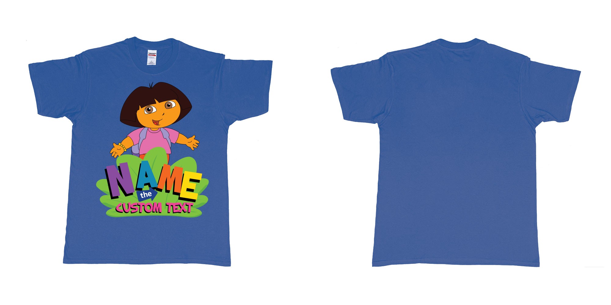 Custom tshirt design dora the explorer giving hug custom name and text design in fabric color royal-blue choice your own text made in Bali by The Pirate Way