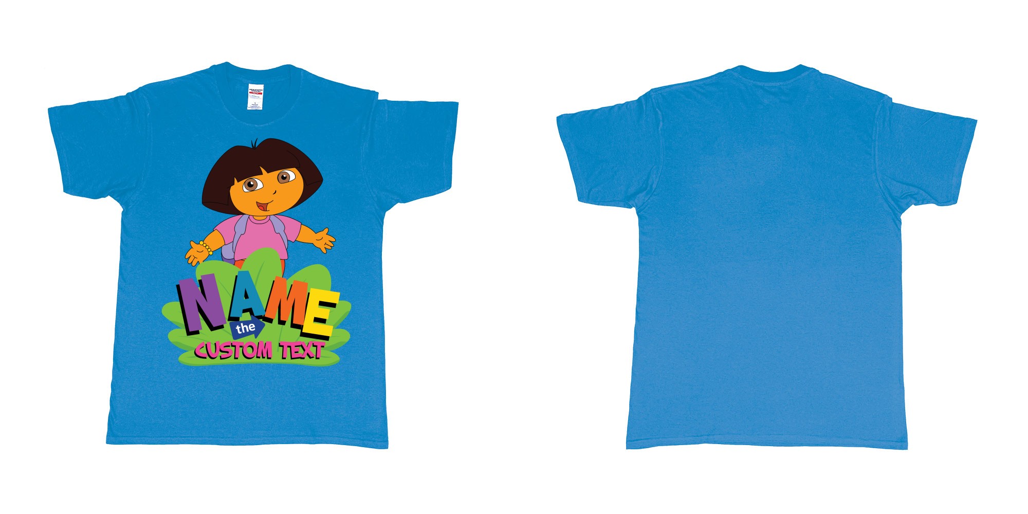 Custom tshirt design dora the explorer giving hug custom name and text design in fabric color sapphire choice your own text made in Bali by The Pirate Way
