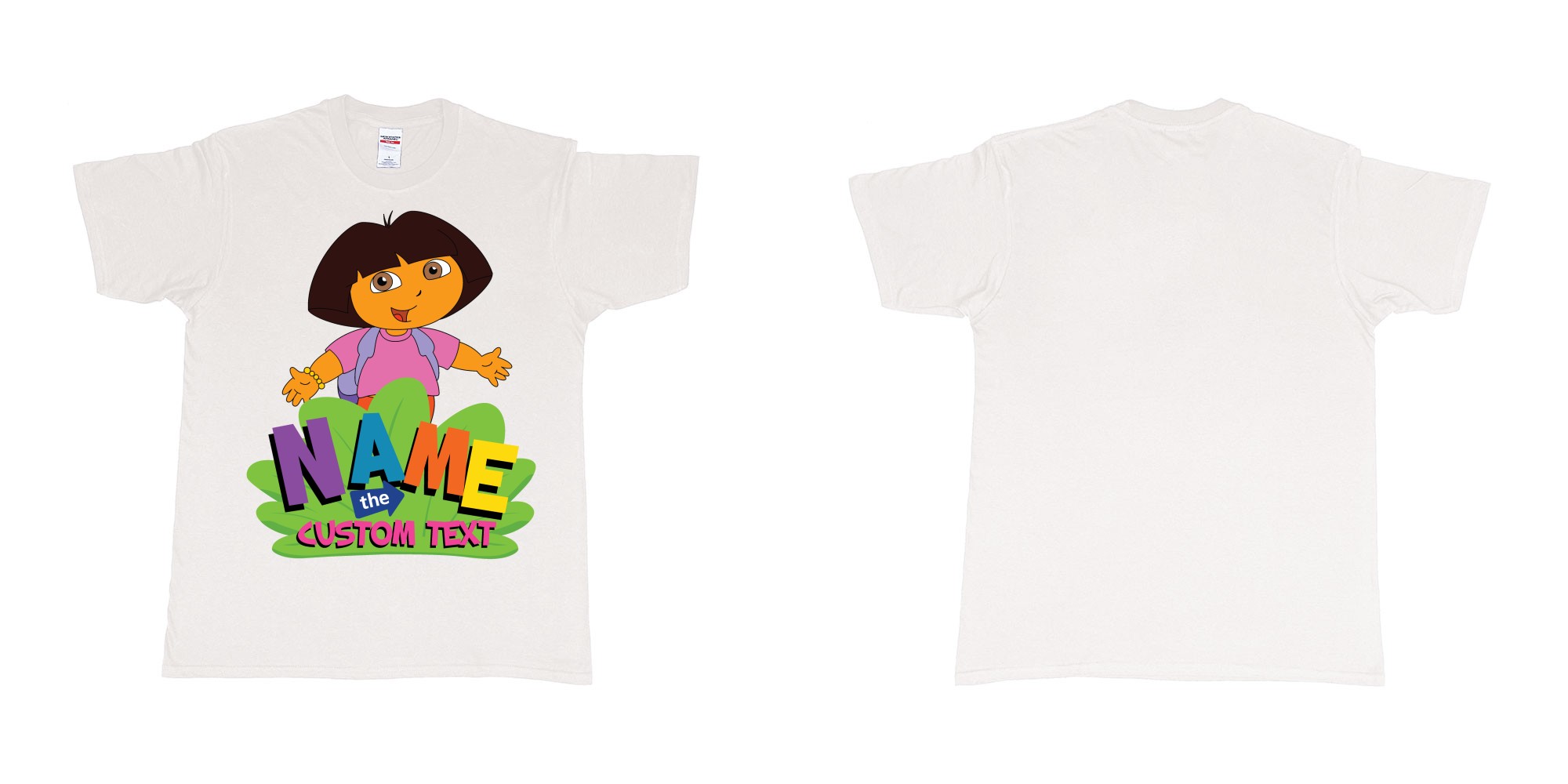 Custom tshirt design dora the explorer giving hug custom name and text design in fabric color white choice your own text made in Bali by The Pirate Way