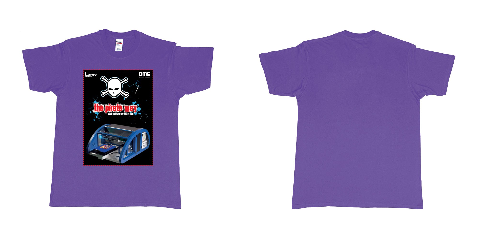 Custom tshirt design dtg printing tshirt large 28x40cm in fabric color purple choice your own text made in Bali by The Pirate Way