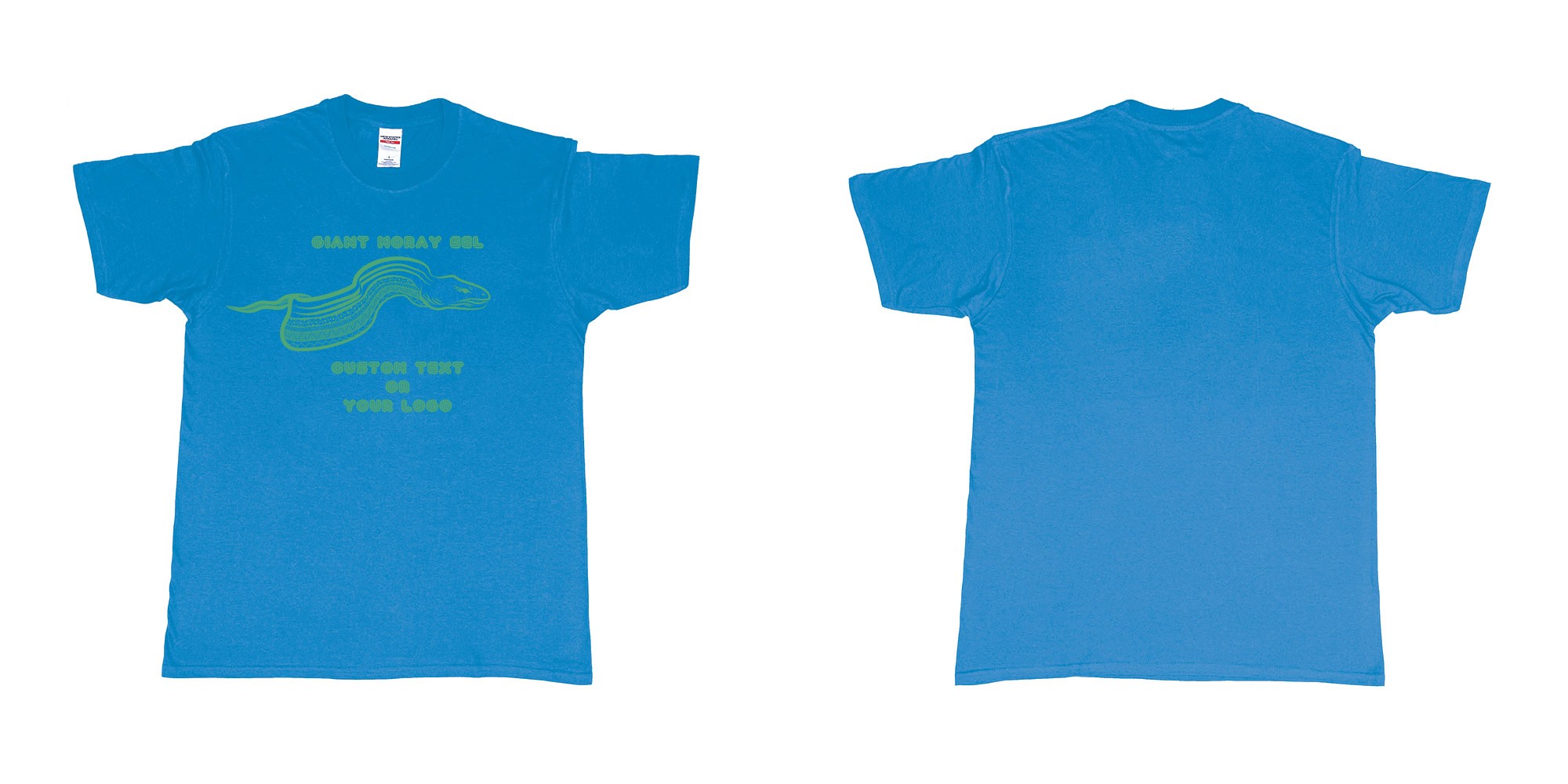 Custom tshirt design giant moray eel tribal in fabric color sapphire choice your own text made in Bali by The Pirate Way