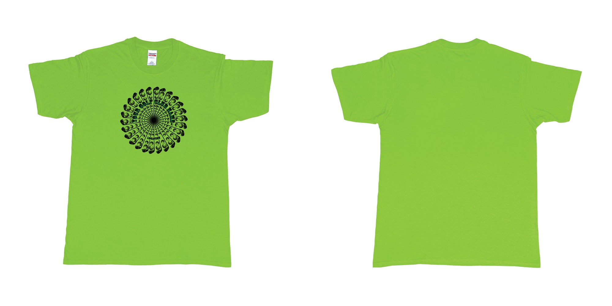 Custom tshirt design golf clubs balls mandala cutoms club name location in fabric color lime choice your own text made in Bali by The Pirate Way