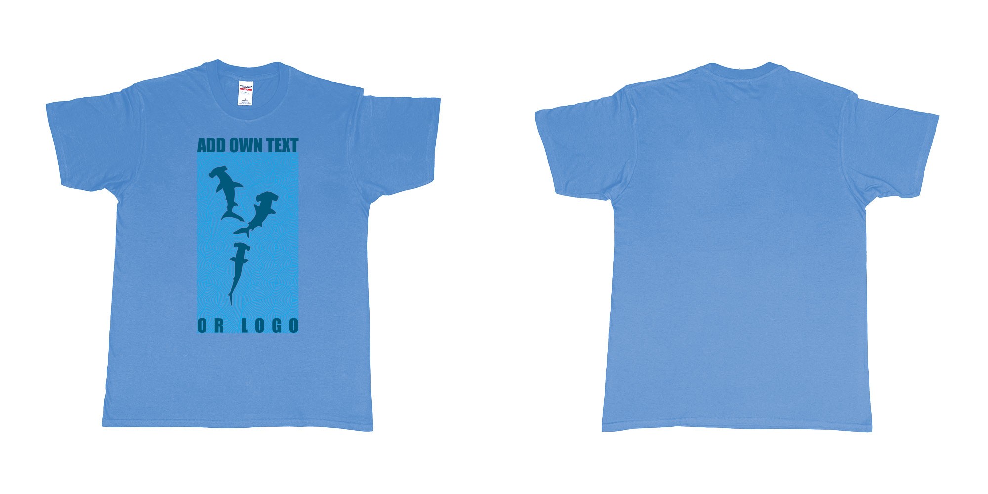 Custom tshirt design hammerheadsharks siluetts scuba diving design in fabric color carolina-blue choice your own text made in Bali by The Pirate Way