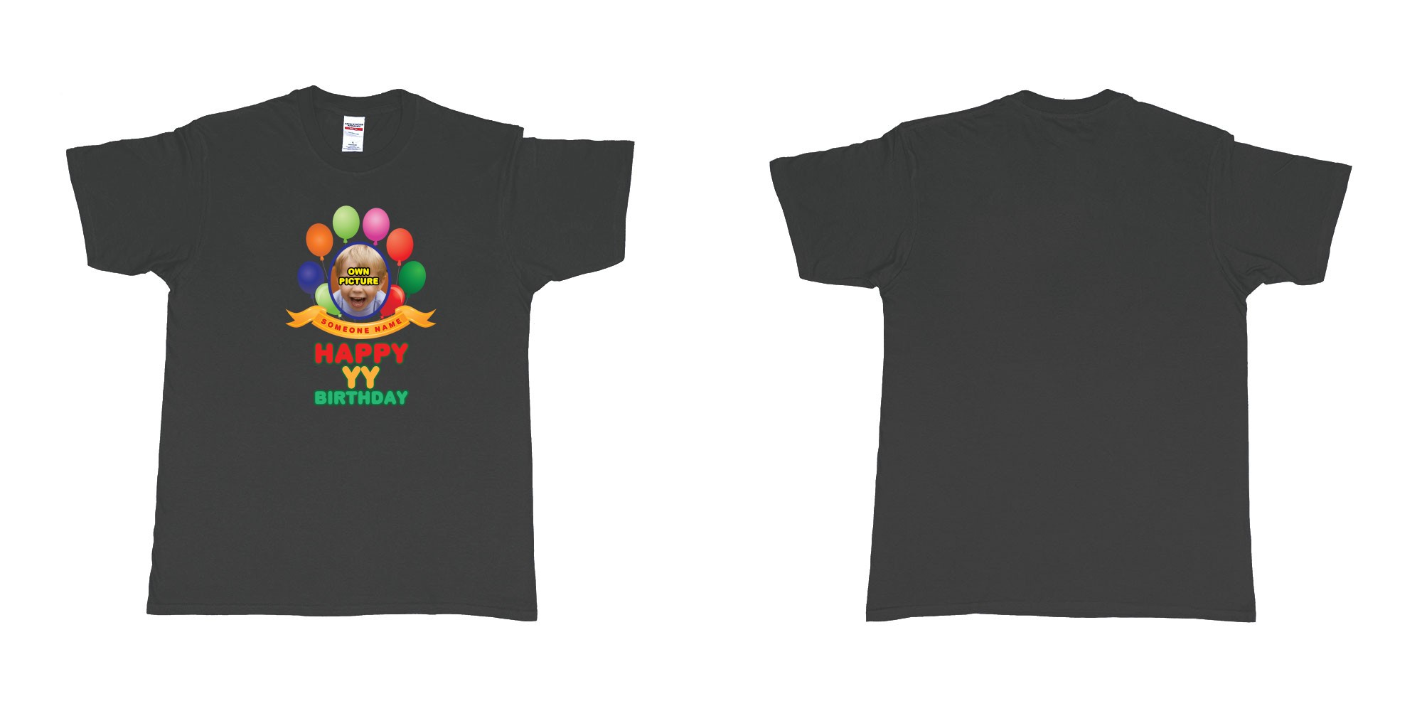 Custom tshirt design happy birthday balloon confetti custom name year t shirt printing bali in fabric color black choice your own text made in Bali by The Pirate Way