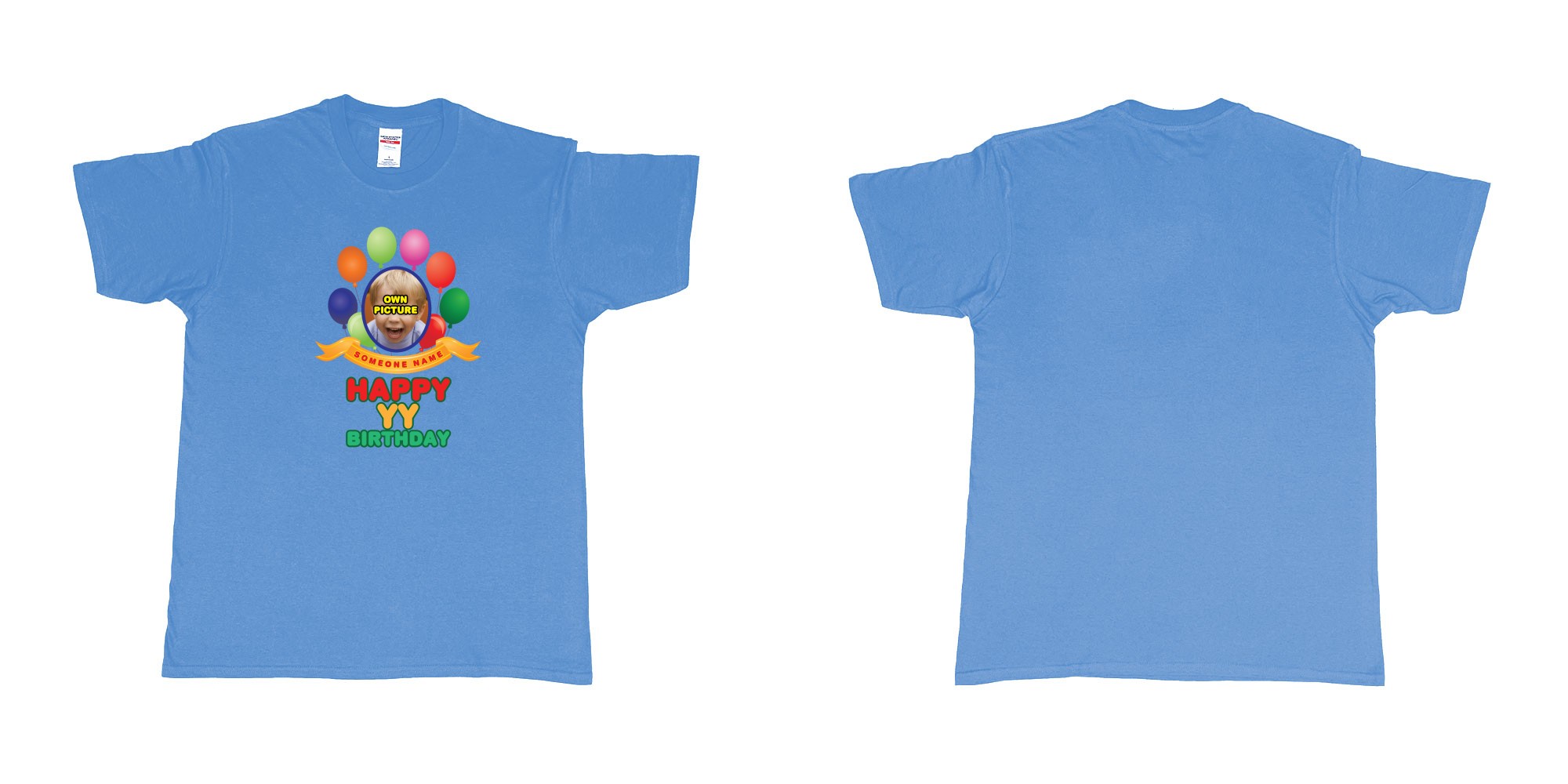 Custom tshirt design happy birthday balloon confetti custom name year t shirt printing bali in fabric color carolina-blue choice your own text made in Bali by The Pirate Way