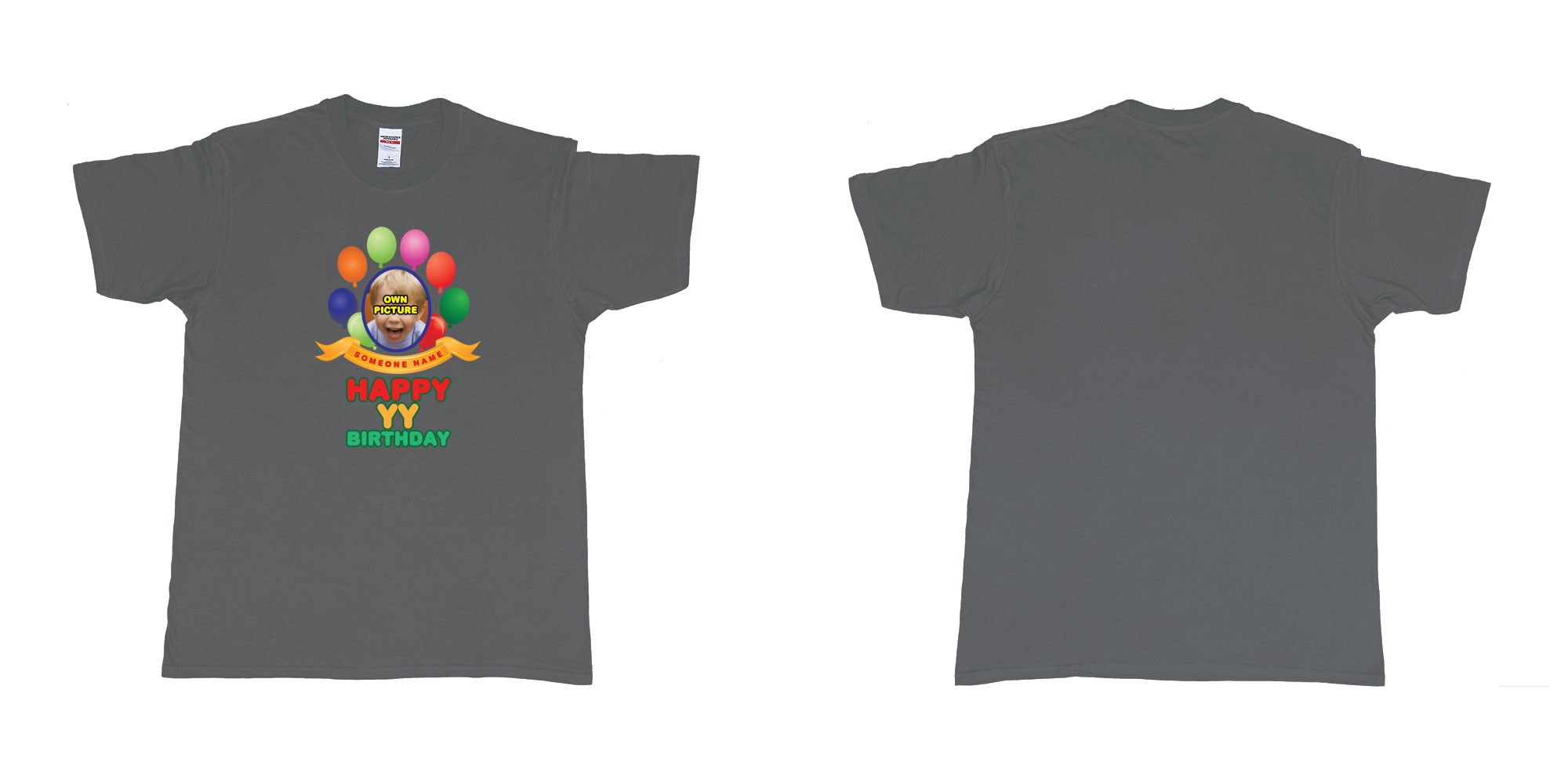 Custom tshirt design happy birthday balloon confetti custom name year t shirt printing bali in fabric color charcoal choice your own text made in Bali by The Pirate Way