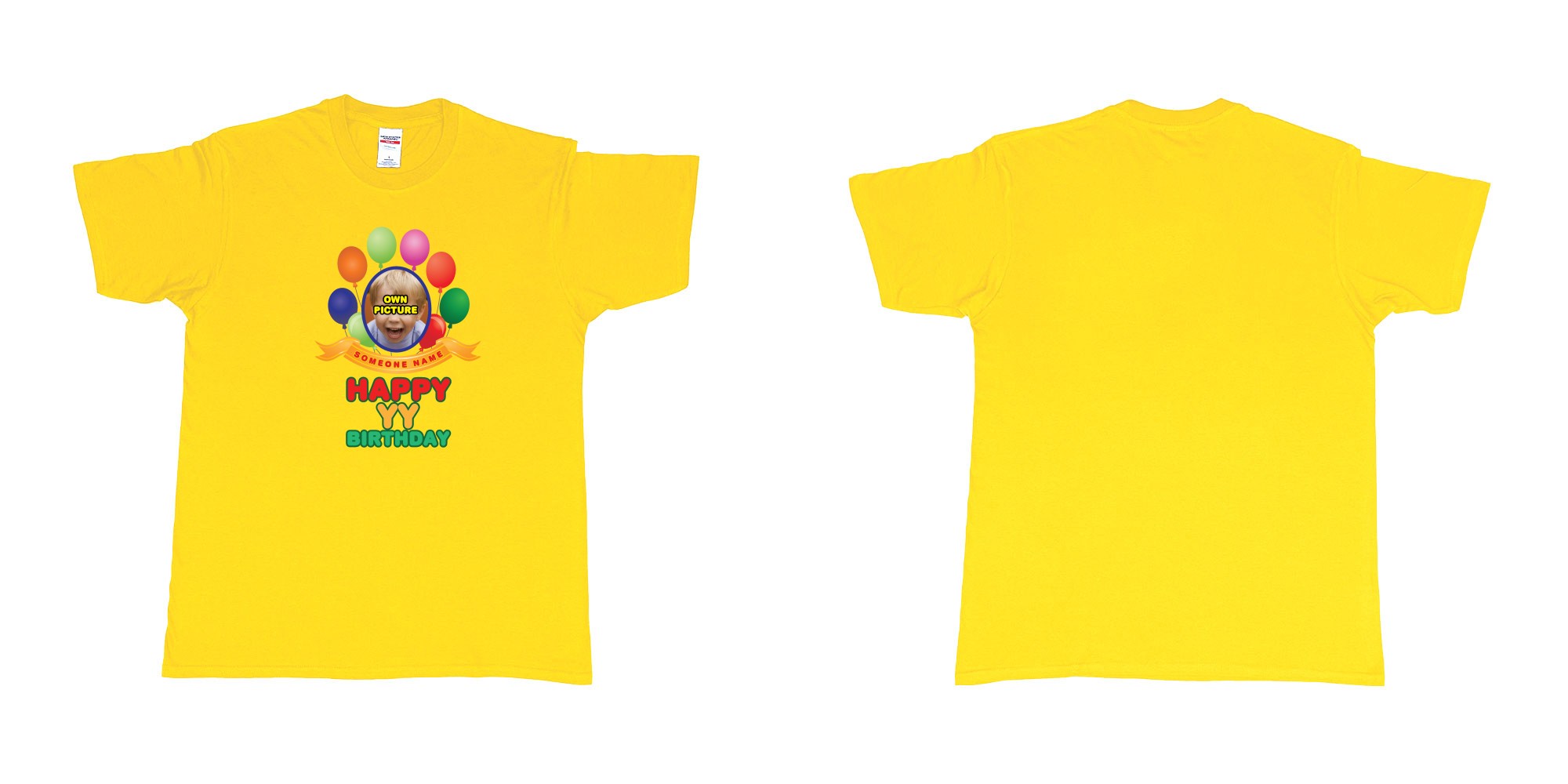 Custom tshirt design happy birthday balloon confetti custom name year t shirt printing bali in fabric color daisy choice your own text made in Bali by The Pirate Way