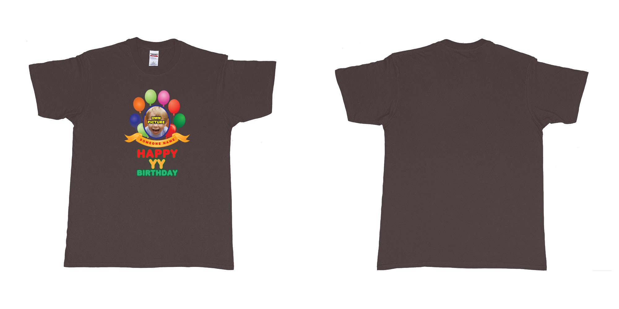 Custom tshirt design happy birthday balloon confetti custom name year t shirt printing bali in fabric color dark-chocolate choice your own text made in Bali by The Pirate Way
