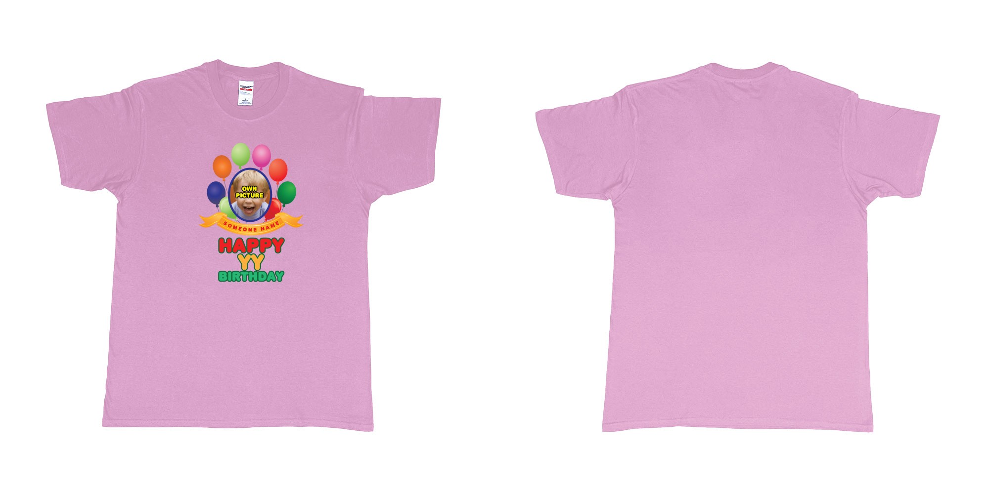 Custom tshirt design happy birthday balloon confetti custom name year t shirt printing bali in fabric color light-pink choice your own text made in Bali by The Pirate Way