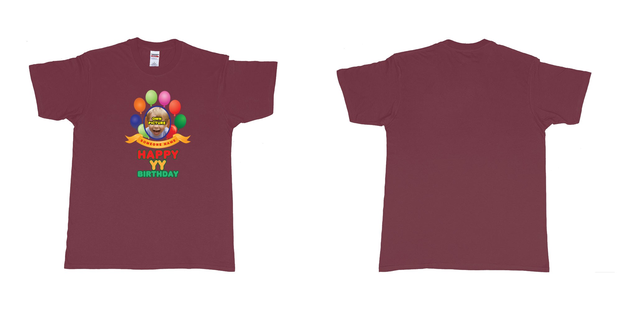Custom tshirt design happy birthday balloon confetti custom name year t shirt printing bali in fabric color marron choice your own text made in Bali by The Pirate Way