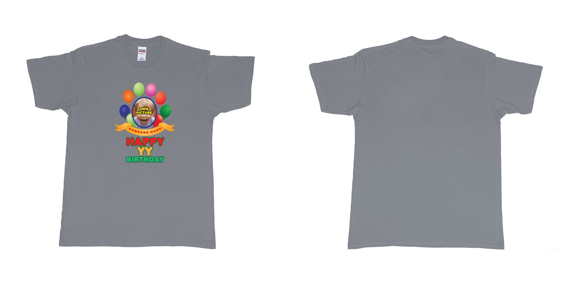 Custom tshirt design happy birthday balloon confetti custom name year t shirt printing bali in fabric color misty choice your own text made in Bali by The Pirate Way