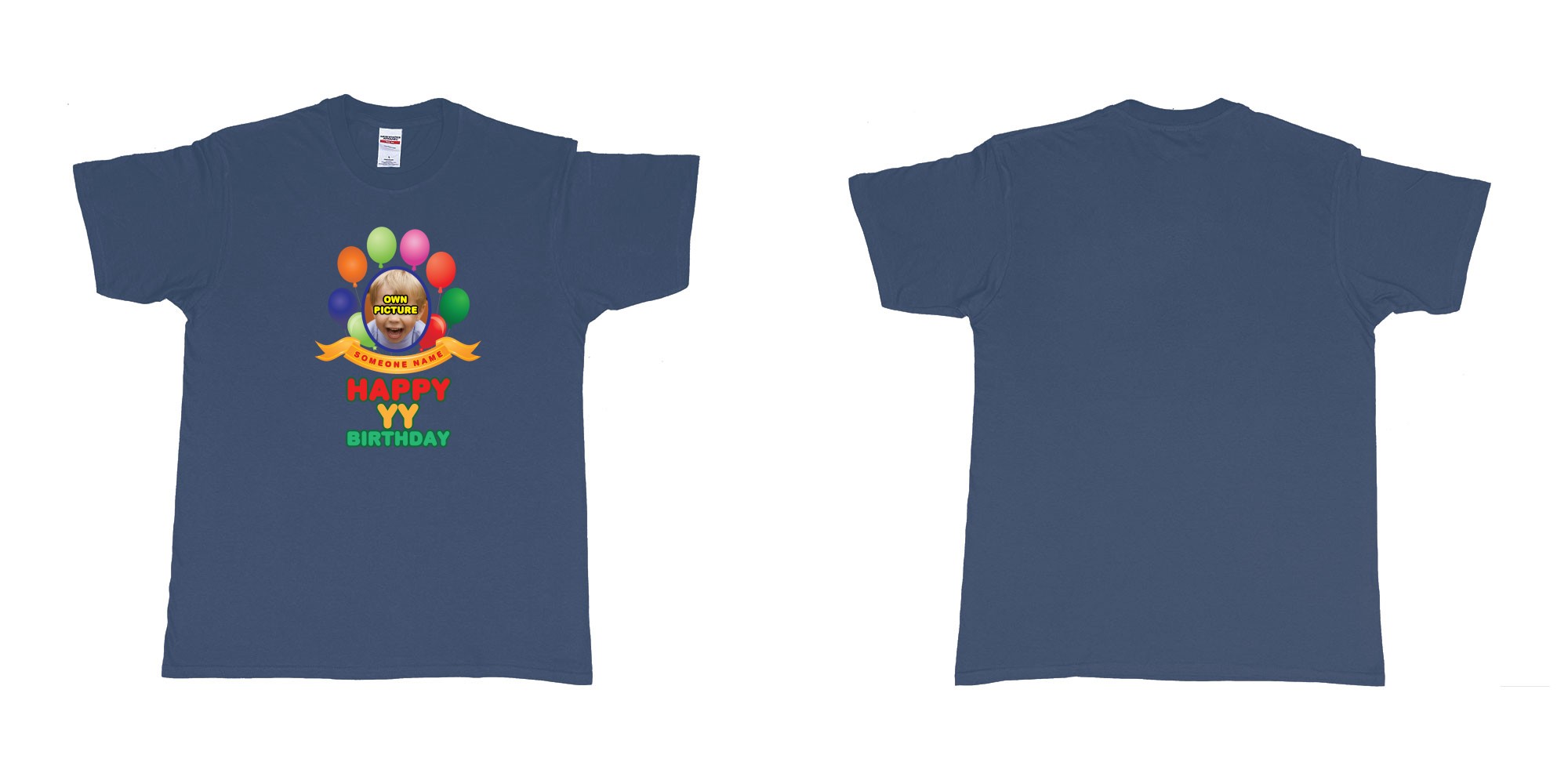 Custom tshirt design happy birthday balloon confetti custom name year t shirt printing bali in fabric color navy choice your own text made in Bali by The Pirate Way
