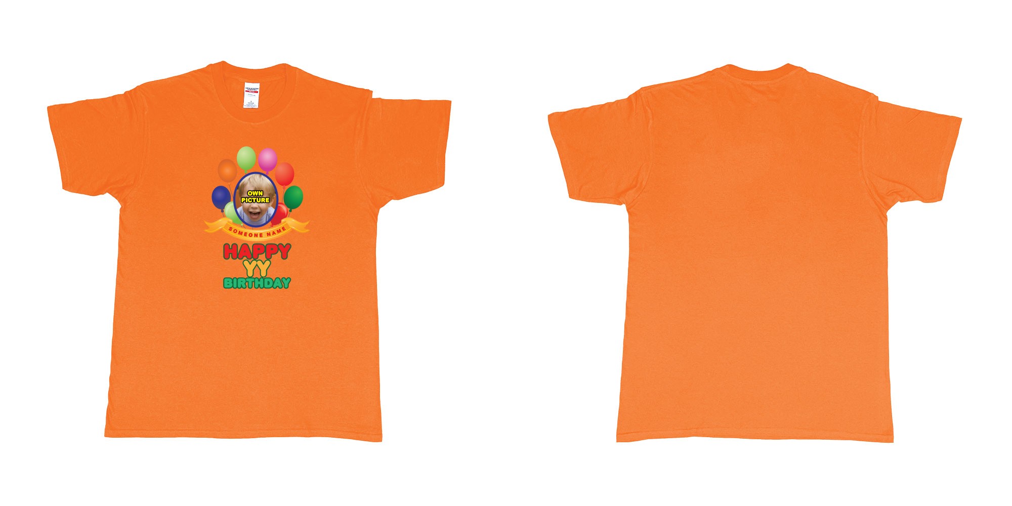 Custom tshirt design happy birthday balloon confetti custom name year t shirt printing bali in fabric color orange choice your own text made in Bali by The Pirate Way
