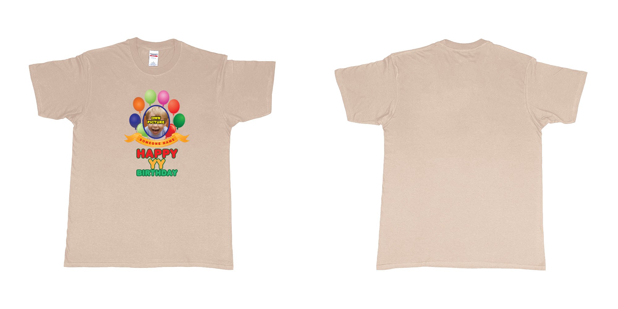 Custom tshirt design happy birthday balloon confetti custom name year t shirt printing bali in fabric color sand choice your own text made in Bali by The Pirate Way