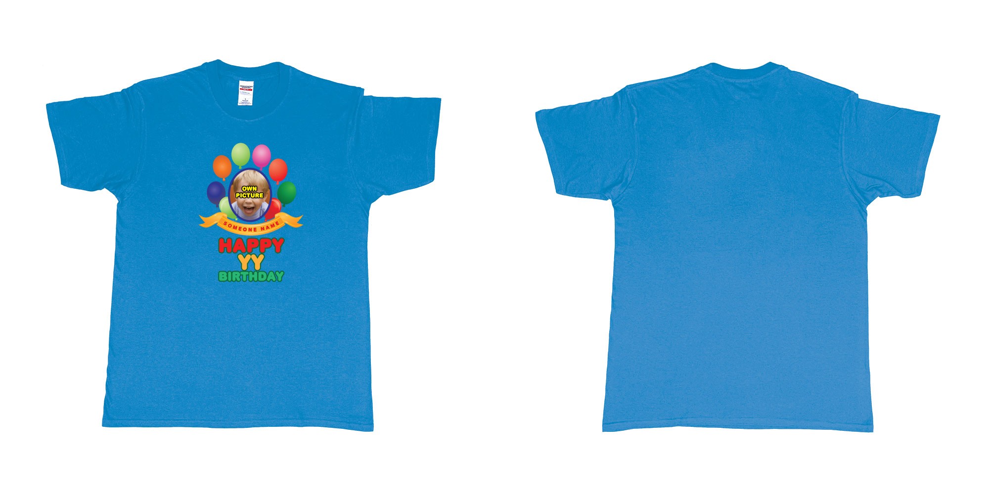 Custom tshirt design happy birthday balloon confetti custom name year t shirt printing bali in fabric color sapphire choice your own text made in Bali by The Pirate Way
