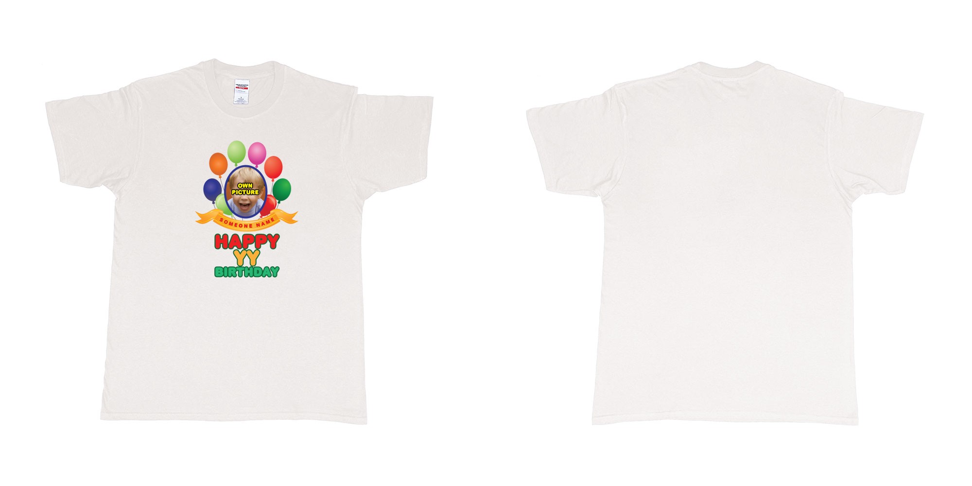 Custom tshirt design happy birthday balloon confetti custom name year t shirt printing bali in fabric color white choice your own text made in Bali by The Pirate Way
