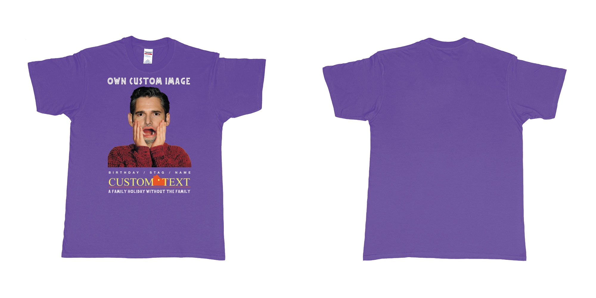 Custom tshirt design home alone custom image in fabric color purple choice your own text made in Bali by The Pirate Way