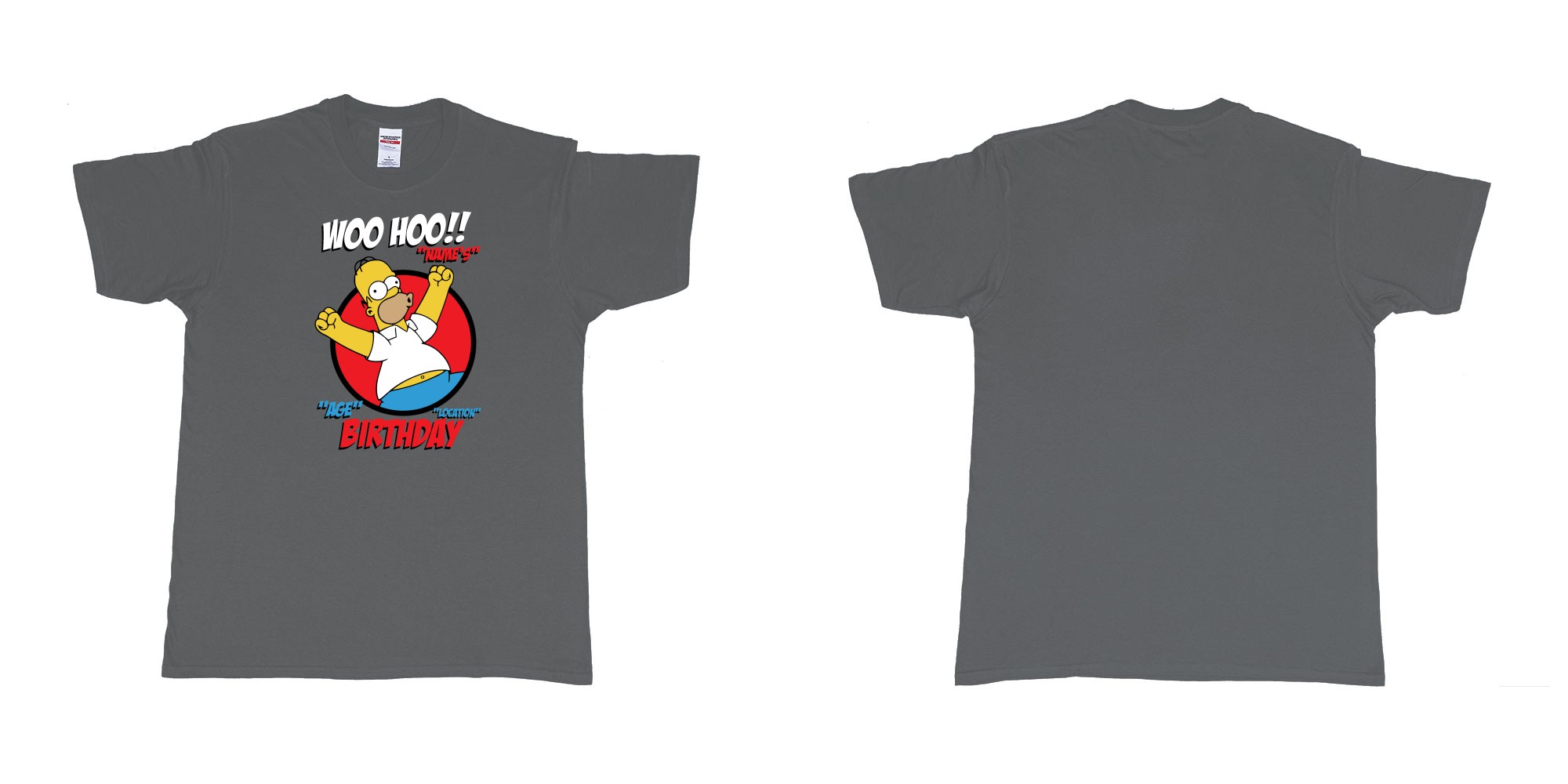 Custom tshirt design homer simpson woo hoo custom age name birthday in fabric color charcoal choice your own text made in Bali by The Pirate Way