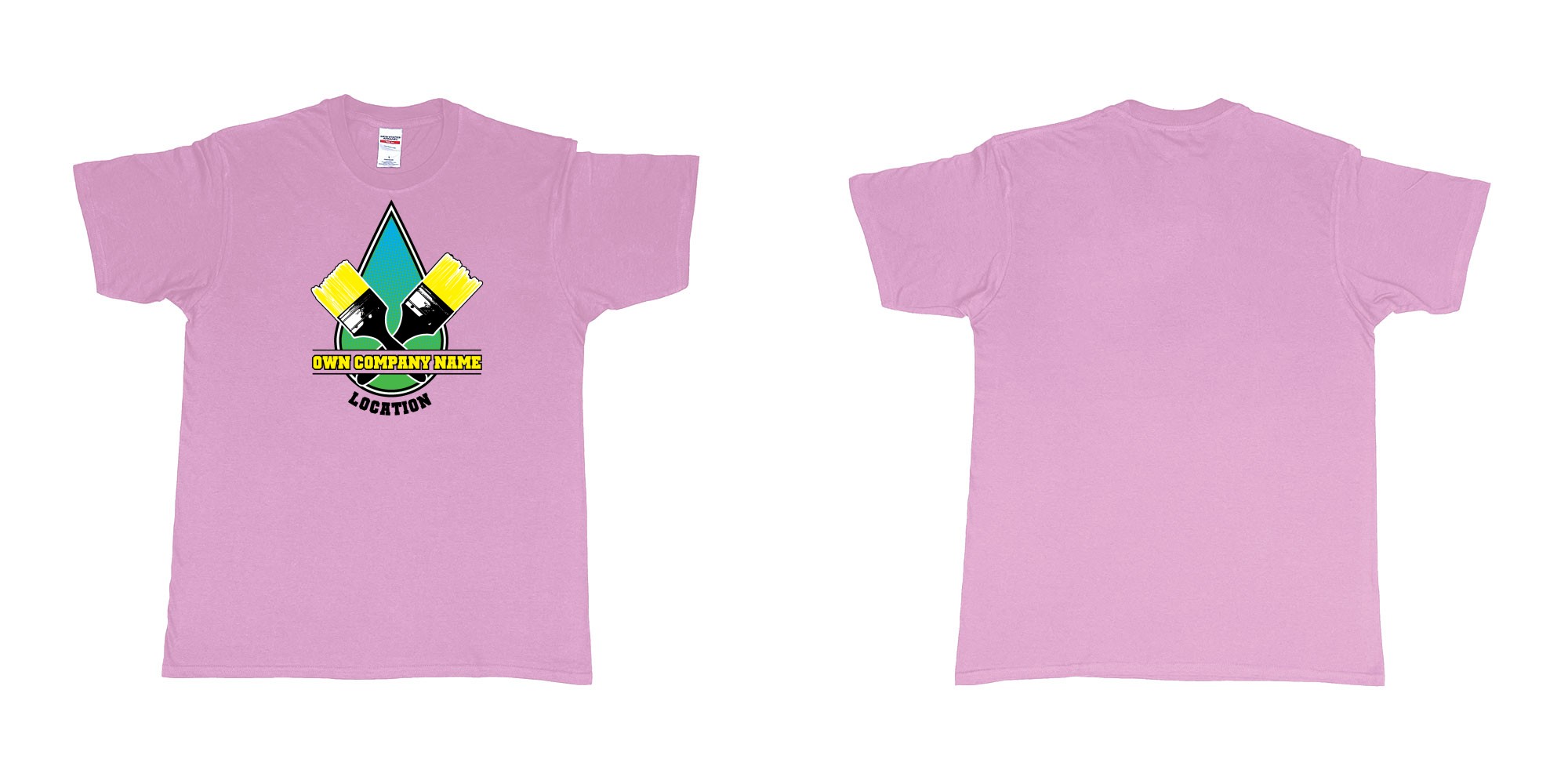 Custom tshirt design house painter company drop of paint with two brushes own company name and location personalized bali in fabric color light-pink choice your own text made in Bali by The Pirate Way