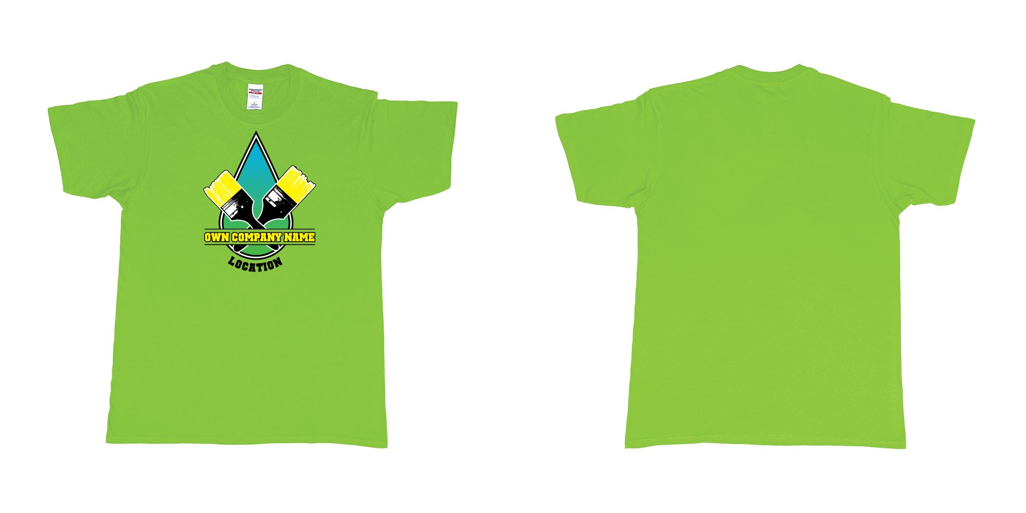 Custom tshirt design house painter company drop of paint with two brushes own company name and location personalized bali in fabric color lime choice your own text made in Bali by The Pirate Way
