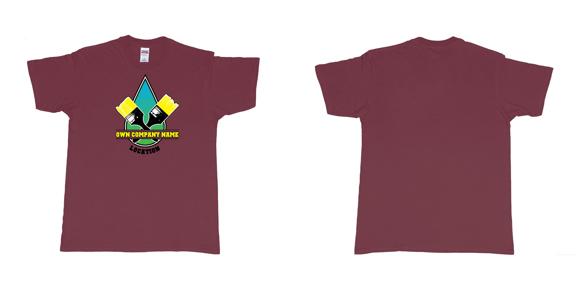 Custom tshirt design house painter company drop of paint with two brushes own company name and location personalized bali in fabric color marron choice your own text made in Bali by The Pirate Way