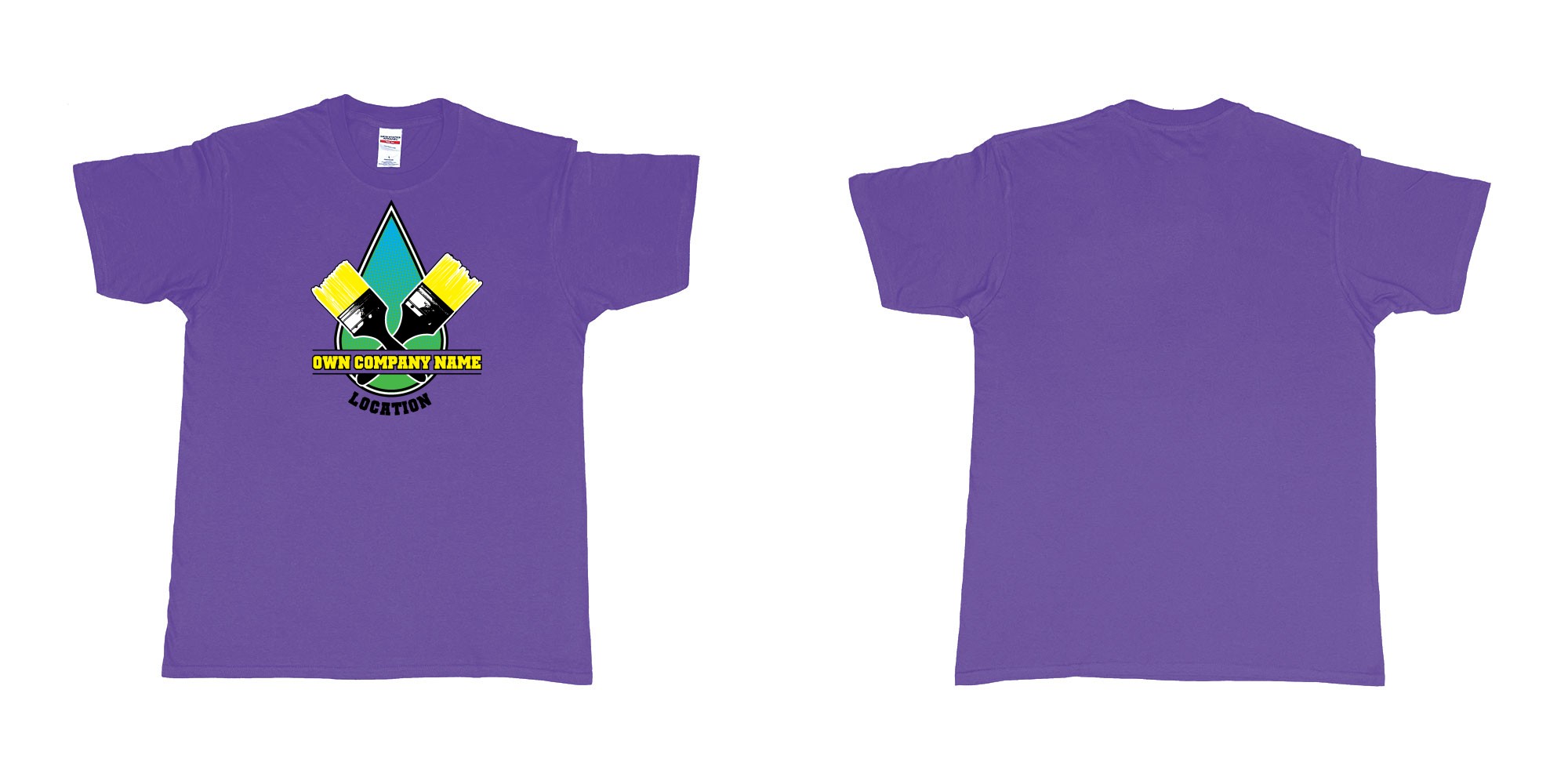 Custom tshirt design house painter company drop of paint with two brushes own company name and location personalized bali in fabric color purple choice your own text made in Bali by The Pirate Way