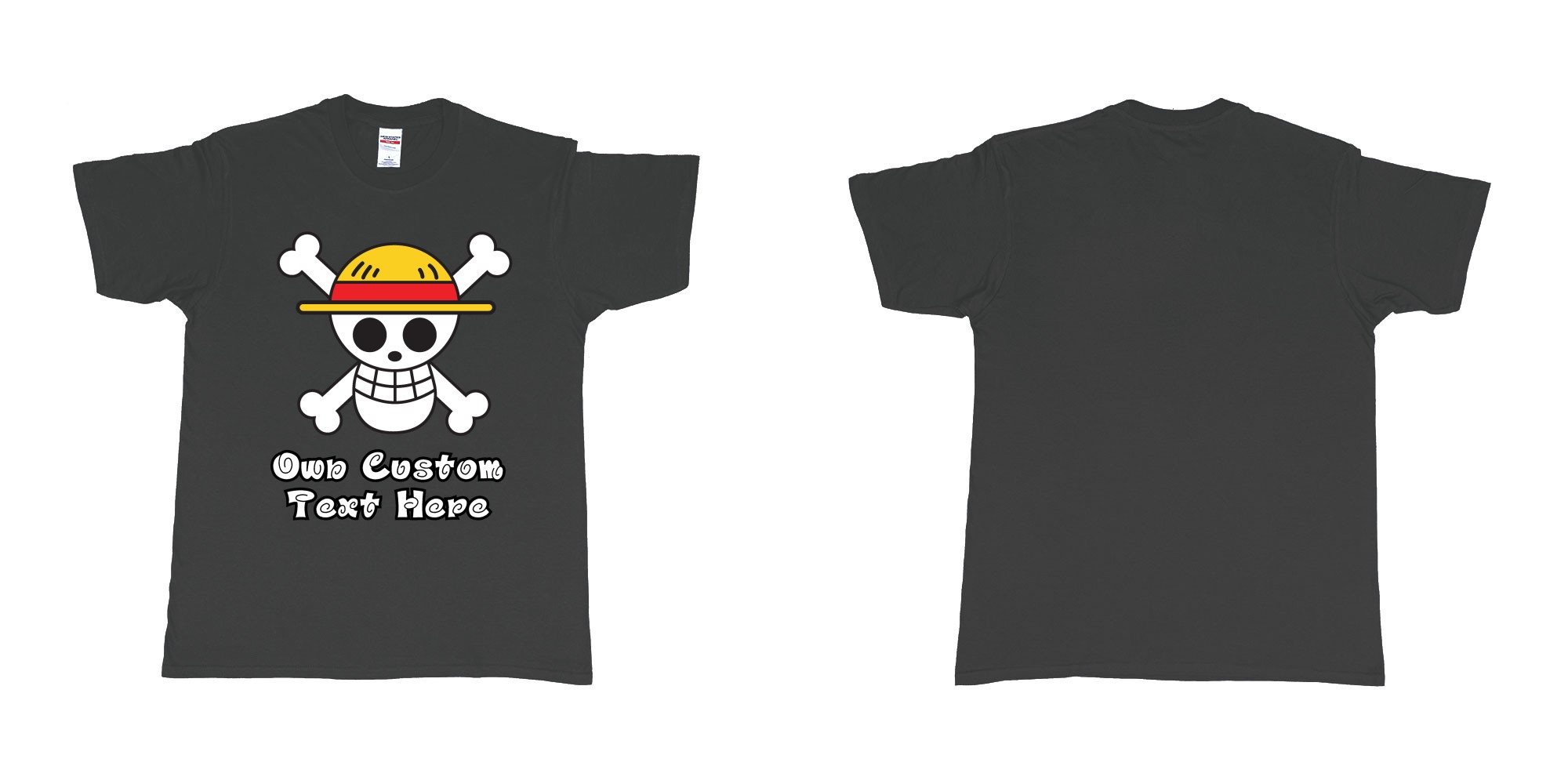 Custom tshirt design jolly roger of the straw hat pirates one piece custom print in fabric color black choice your own text made in Bali by The Pirate Way