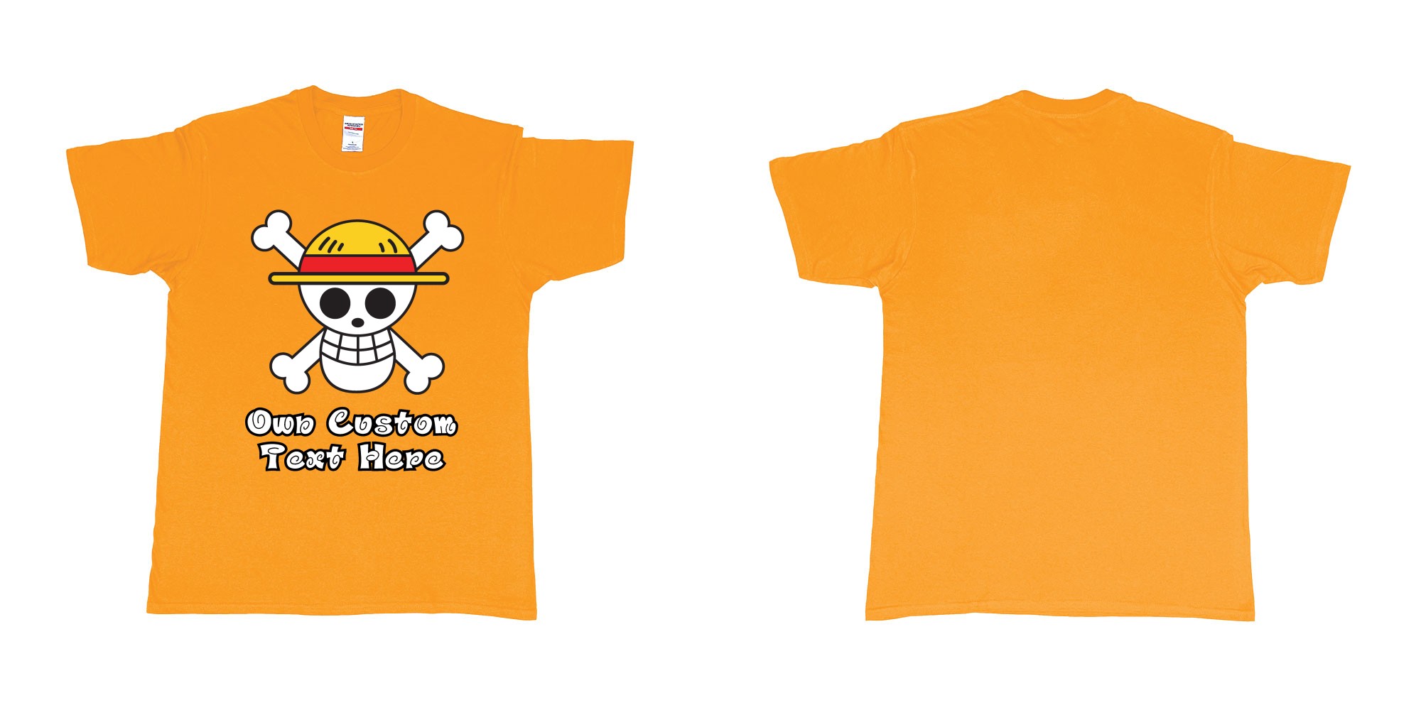 Custom tshirt design jolly roger of the straw hat pirates one piece custom print in fabric color gold choice your own text made in Bali by The Pirate Way