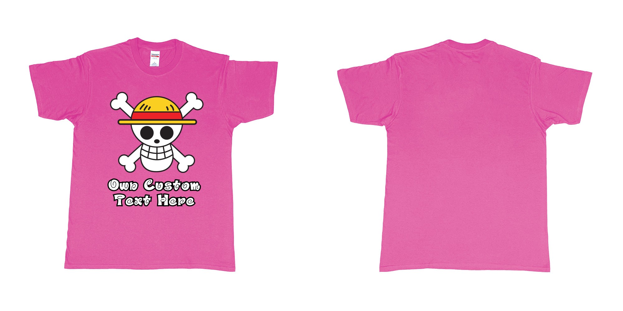 Custom tshirt design jolly roger of the straw hat pirates one piece custom print in fabric color heliconia choice your own text made in Bali by The Pirate Way