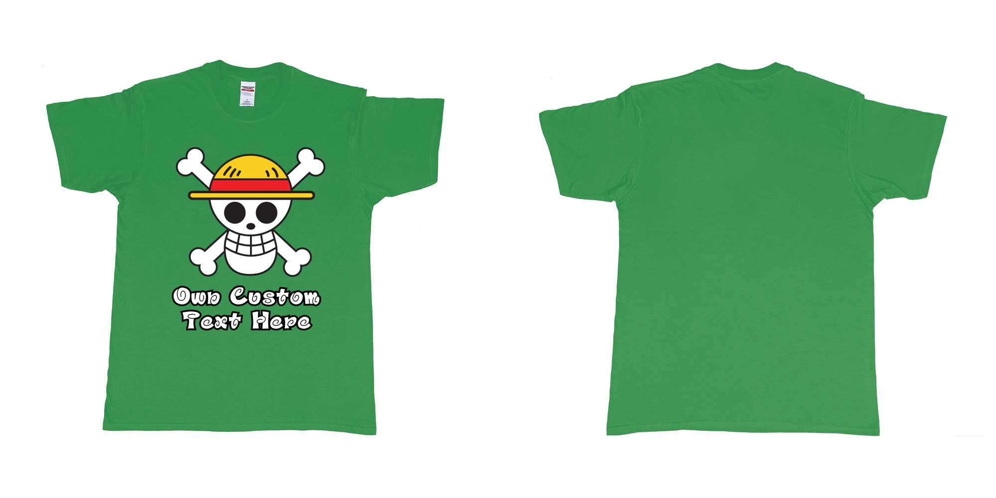 Custom tshirt design jolly roger of the straw hat pirates one piece custom print in fabric color irish-green choice your own text made in Bali by The Pirate Way