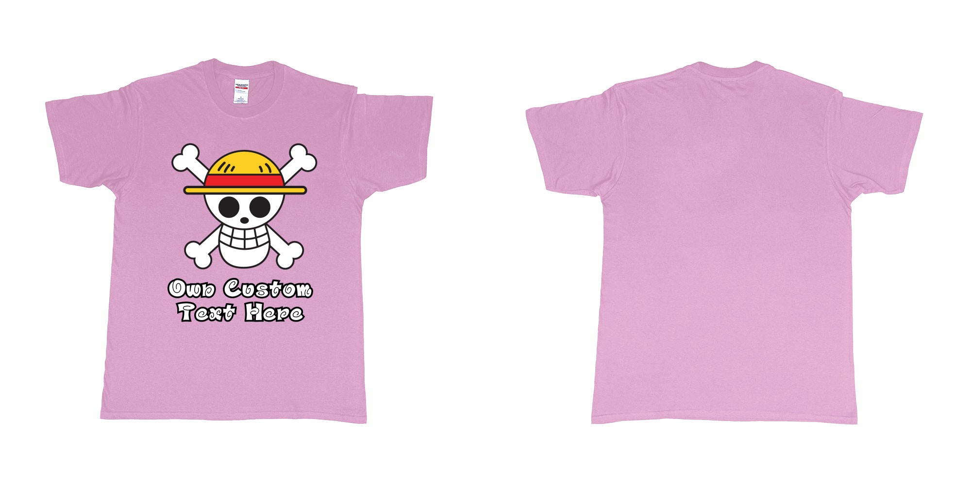 Custom tshirt design jolly roger of the straw hat pirates one piece custom print in fabric color light-pink choice your own text made in Bali by The Pirate Way