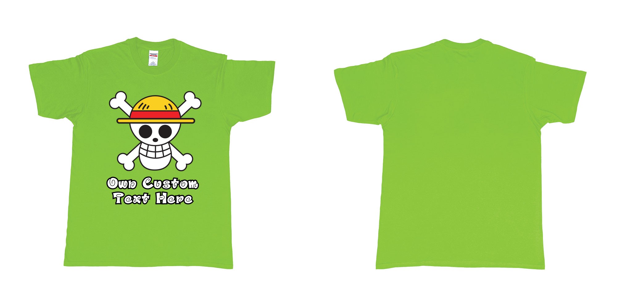 Custom tshirt design jolly roger of the straw hat pirates one piece custom print in fabric color lime choice your own text made in Bali by The Pirate Way