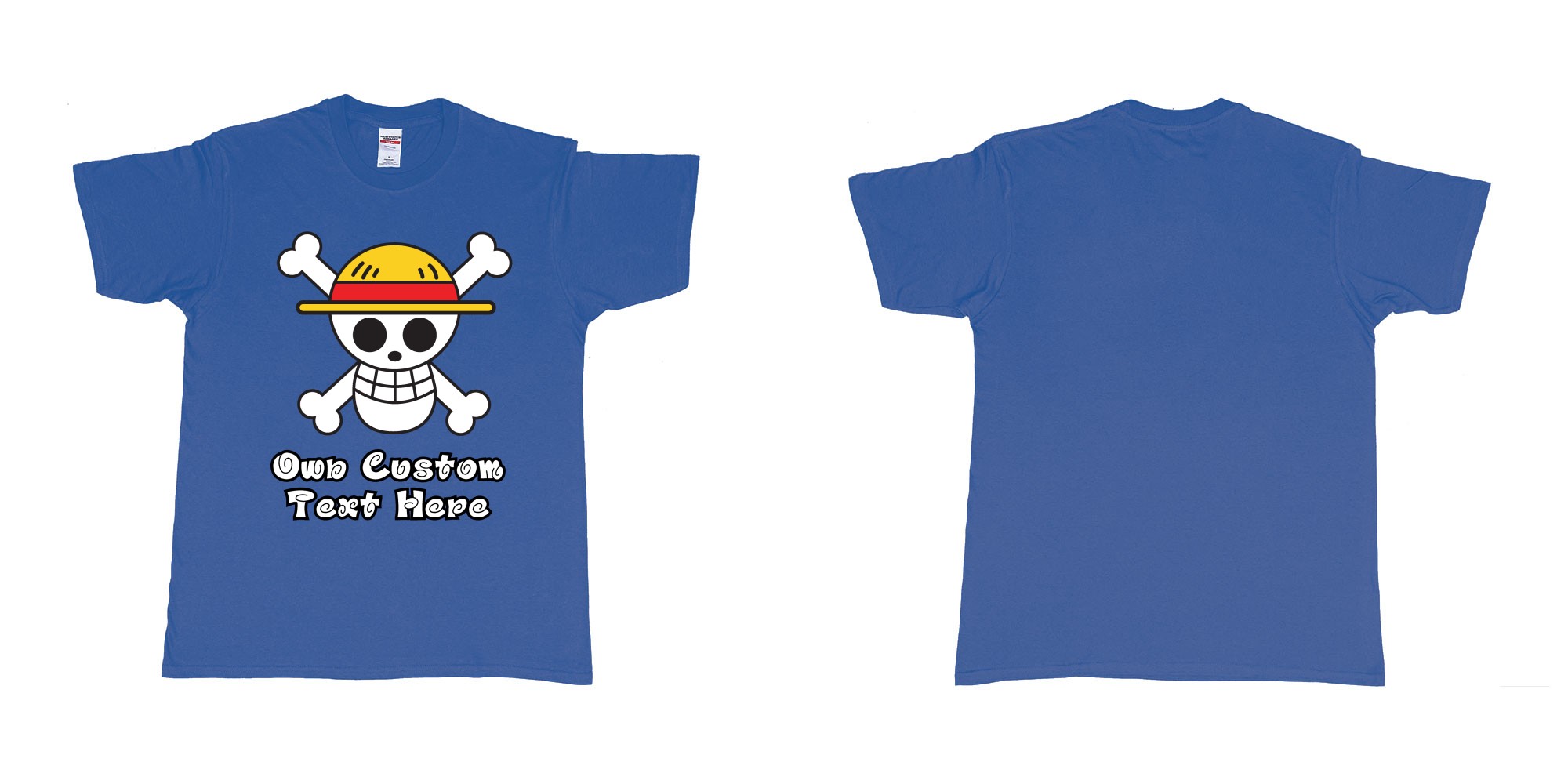 Custom tshirt design jolly roger of the straw hat pirates one piece custom print in fabric color royal-blue choice your own text made in Bali by The Pirate Way