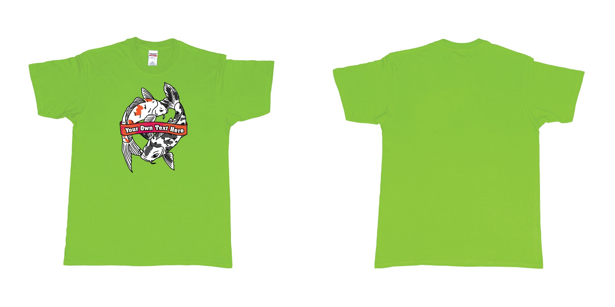 Custom tshirt design koi swimming in yin and yang pattern with customizable banner for personalized text print in fabric color lime choice your own text made in Bali by The Pirate Way