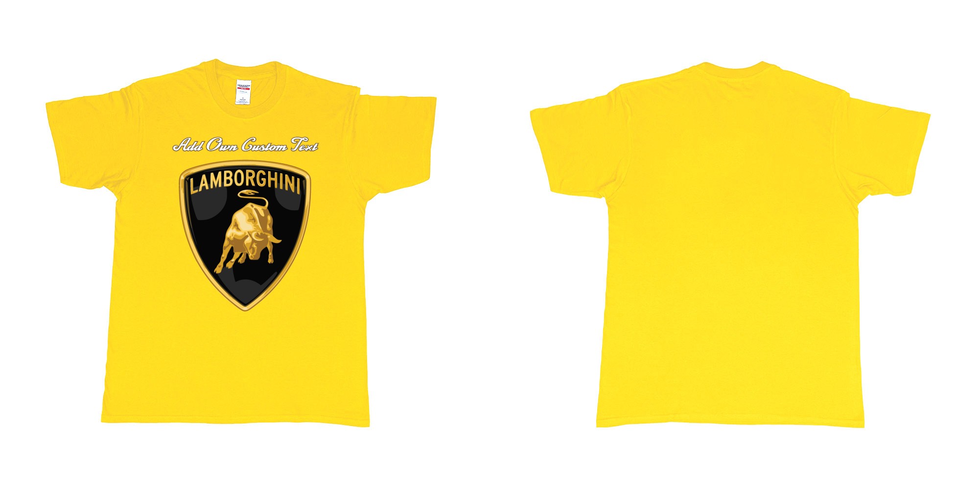 Custom tshirt design lamborghini logo tshirt printing add own text in fabric color daisy choice your own text made in Bali by The Pirate Way