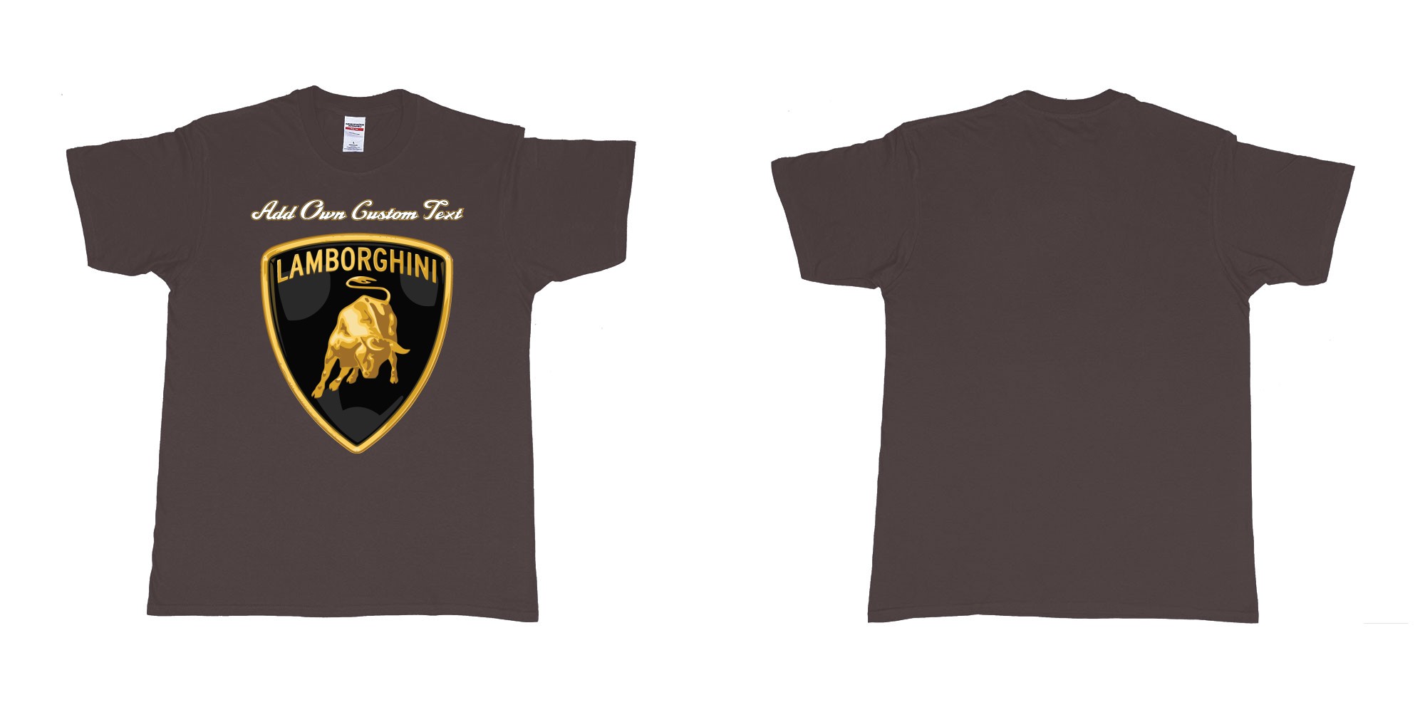 Custom tshirt design lamborghini logo tshirt printing add own text in fabric color dark-chocolate choice your own text made in Bali by The Pirate Way