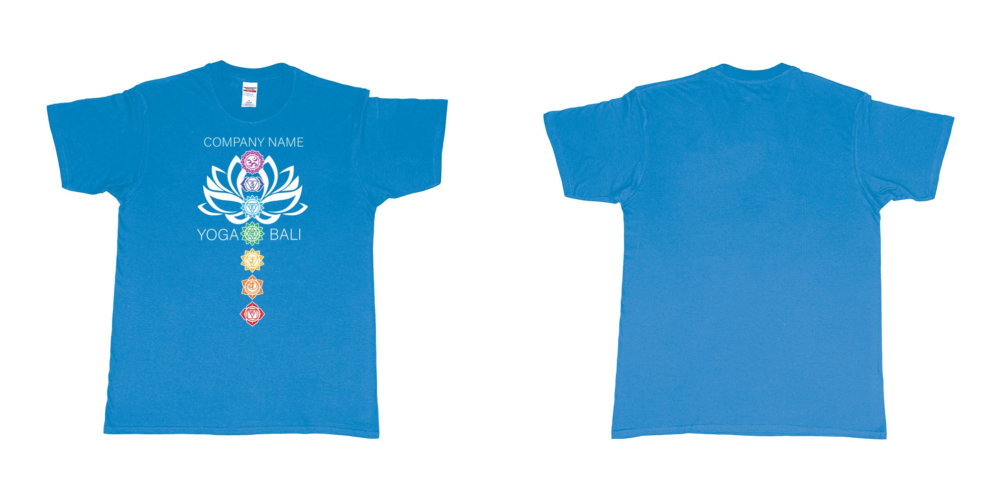 Custom tshirt design lotus flower chakras yoga hindi symbols for custom teeshirt printing in fabric color sapphire choice your own text made in Bali by The Pirate Way