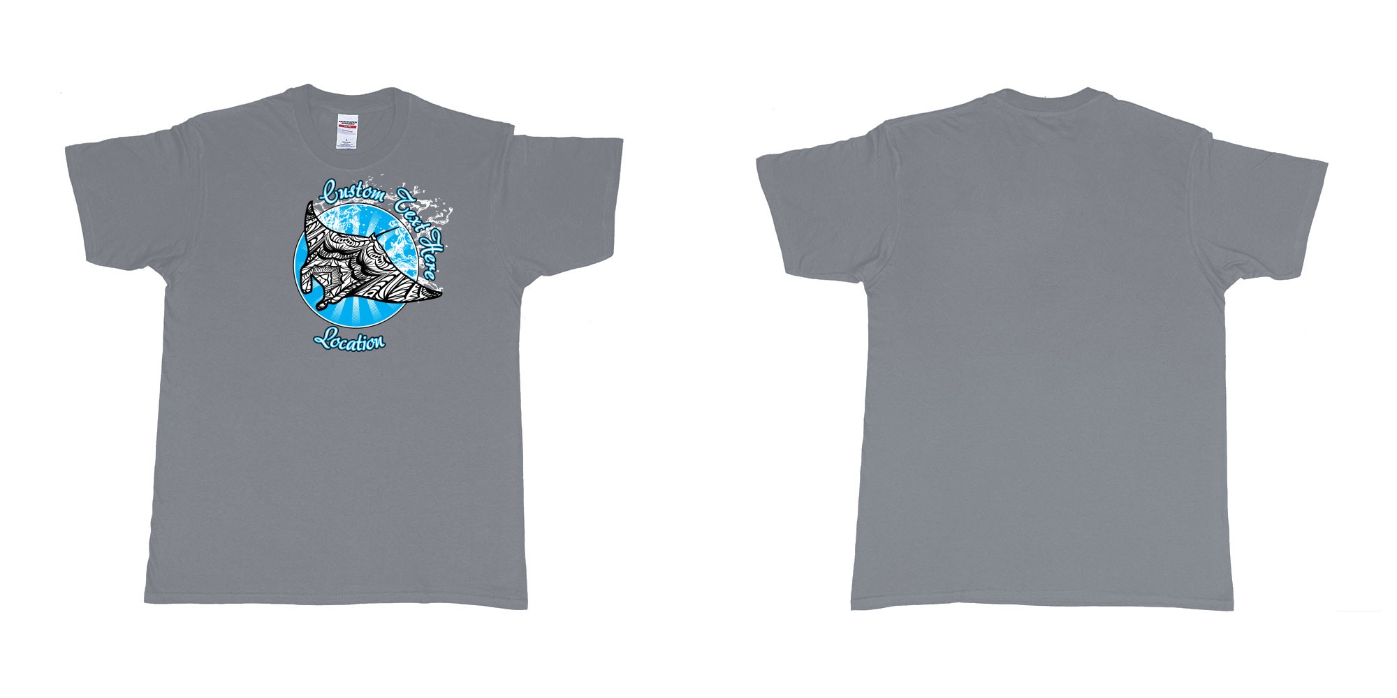 Custom tshirt design manta mandala circle splash own text here location in fabric color misty choice your own text made in Bali by The Pirate Way
