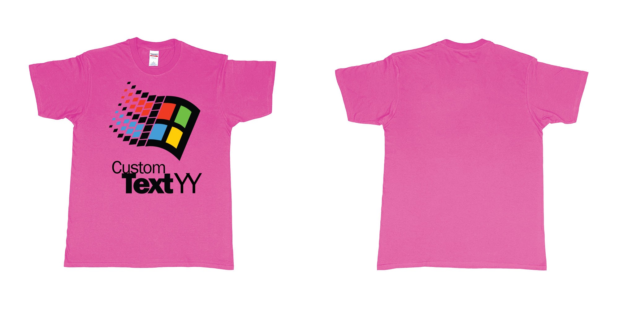 Custom tshirt design microsoft windows 95 classic logo custom text and year print in fabric color heliconia choice your own text made in Bali by The Pirate Way