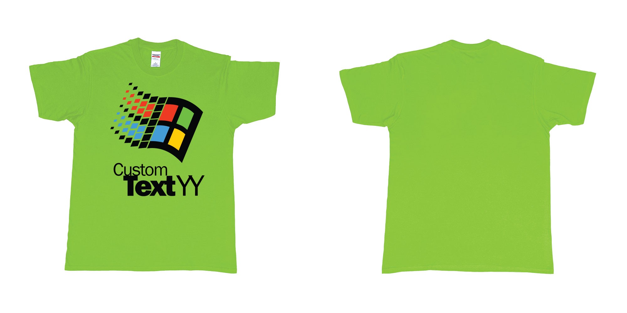 Custom tshirt design microsoft windows 95 classic logo custom text and year print in fabric color lime choice your own text made in Bali by The Pirate Way