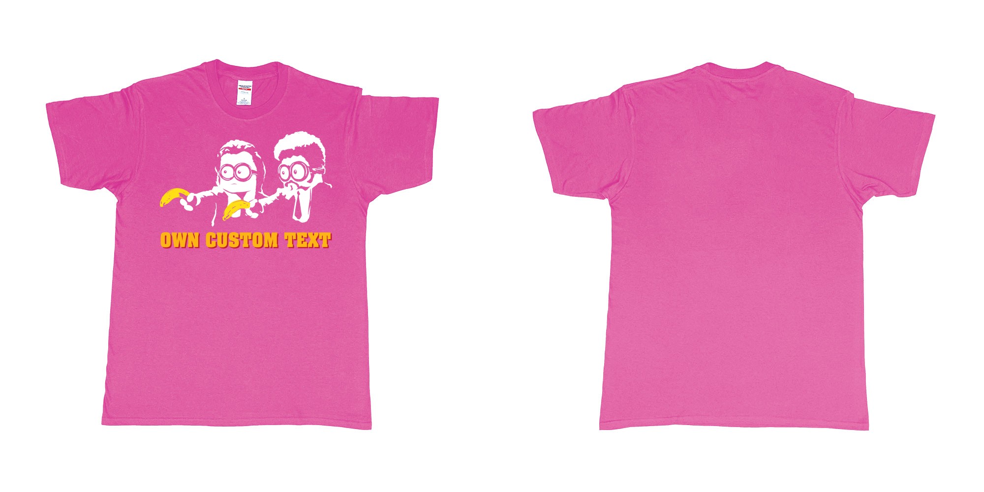 Custom tshirt design minions pulp fiction in fabric color heliconia choice your own text made in Bali by The Pirate Way