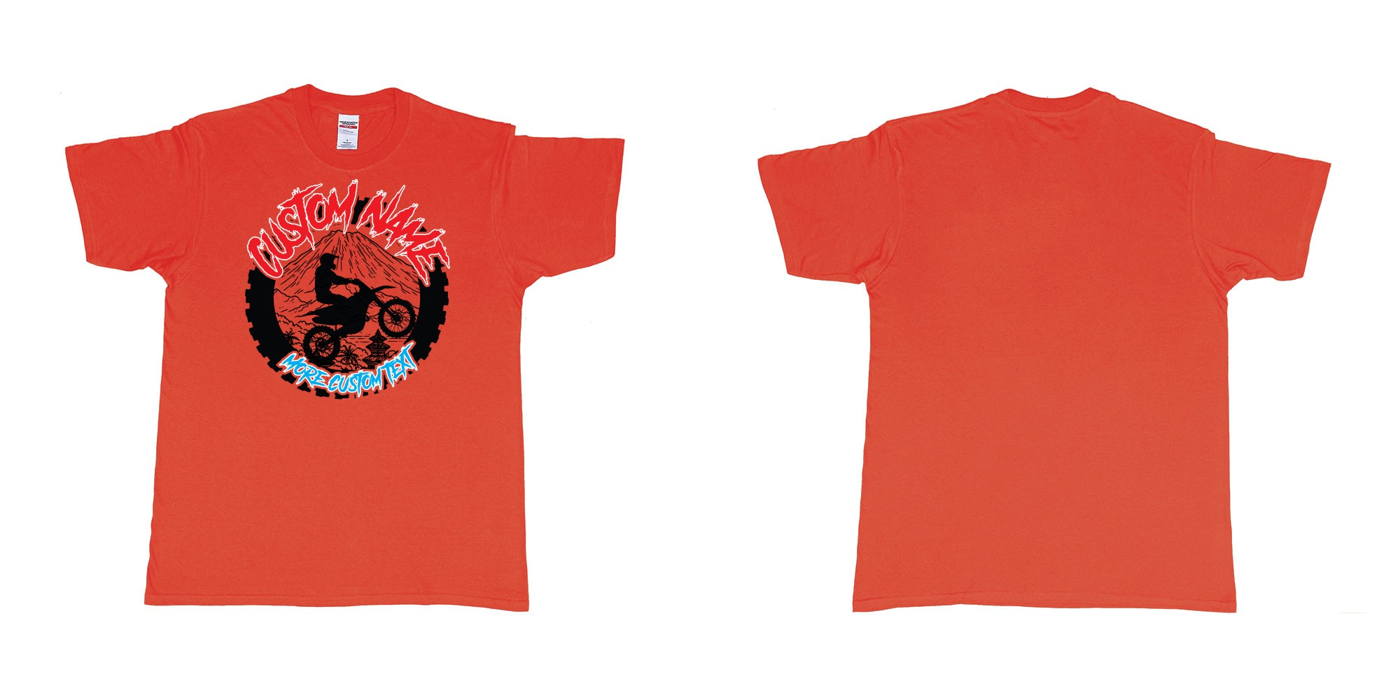 Custom tshirt design motocross logo silhouette mount agung bali custom tshirt print in fabric color red choice your own text made in Bali by The Pirate Way