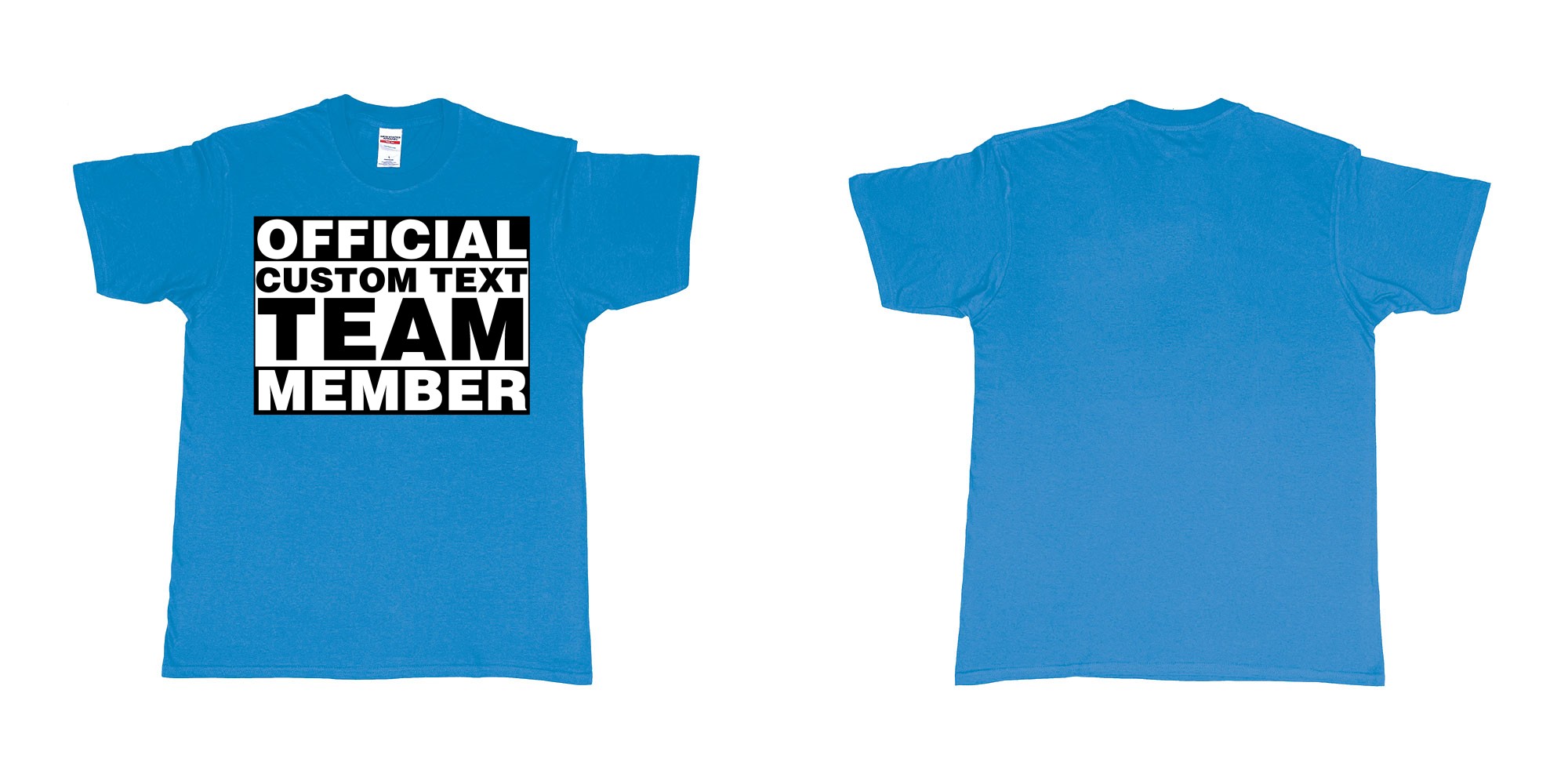 Custom tshirt design official custom text team member in fabric color sapphire choice your own text made in Bali by The Pirate Way