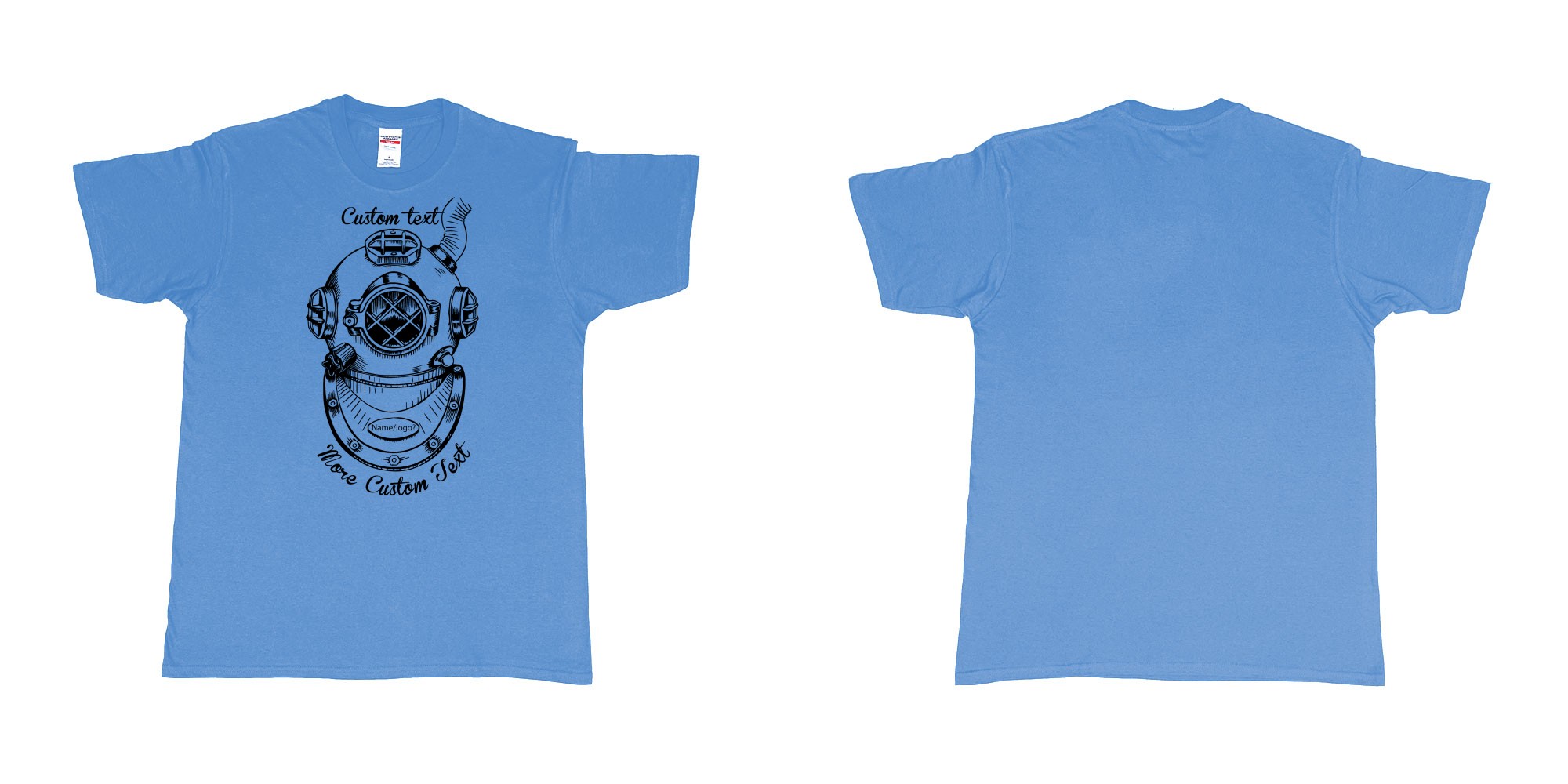 Custom tshirt design old school diving helmet custom own text dtg printing bali in fabric color carolina-blue choice your own text made in Bali by The Pirate Way