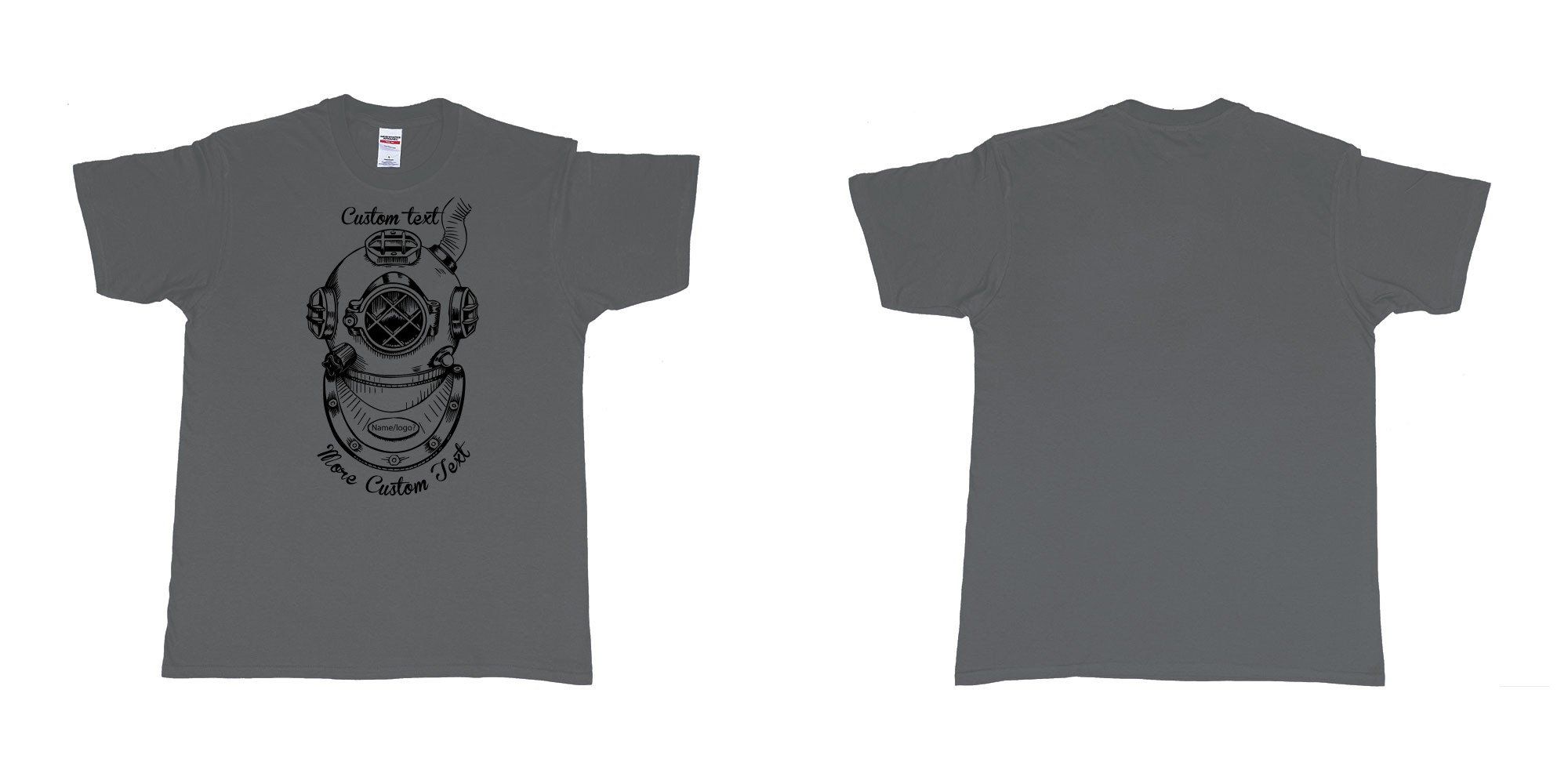 Custom tshirt design old school diving helmet custom own text dtg printing bali in fabric color charcoal choice your own text made in Bali by The Pirate Way