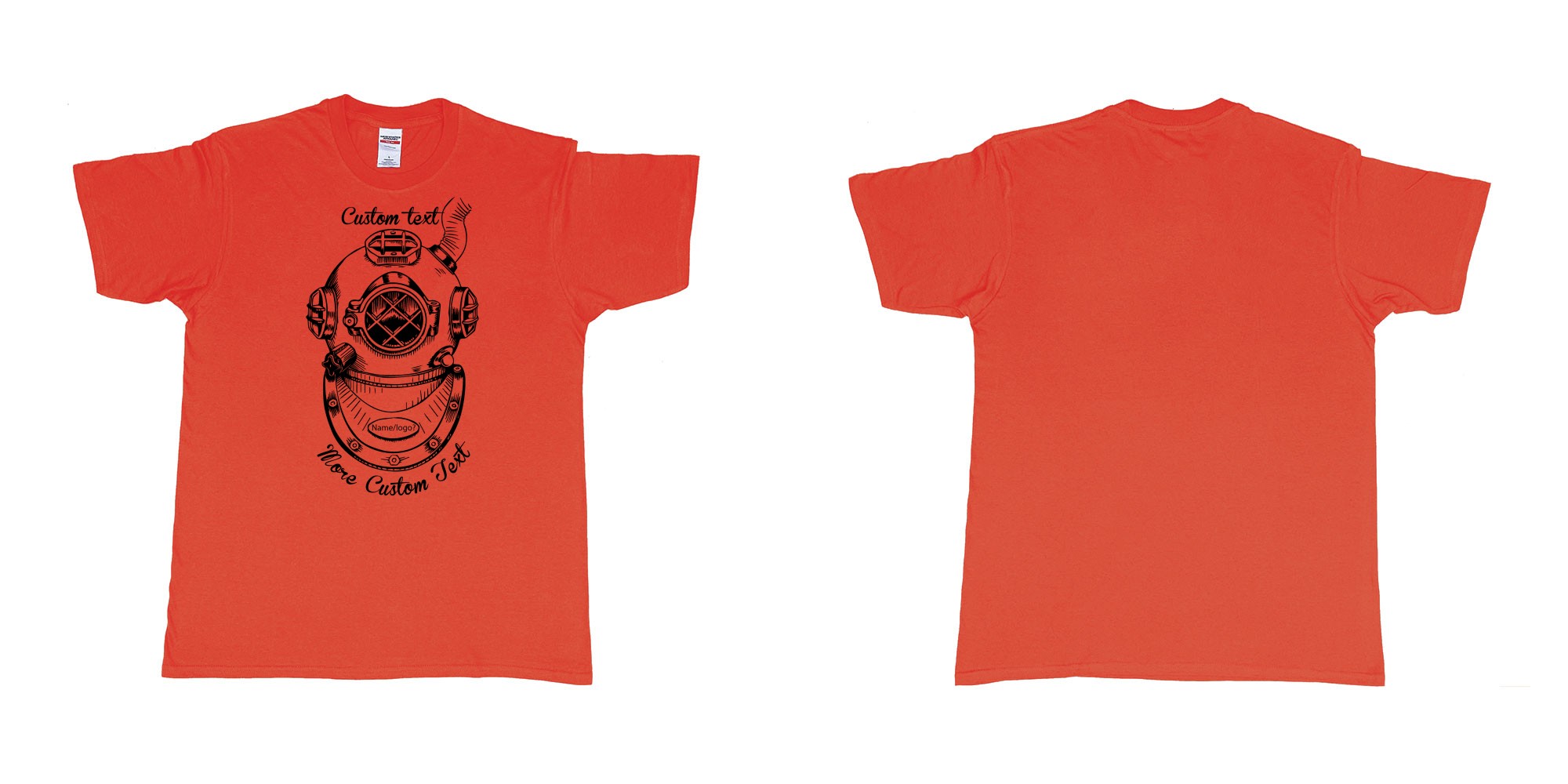 Custom tshirt design old school diving helmet custom own text dtg printing bali in fabric color red choice your own text made in Bali by The Pirate Way