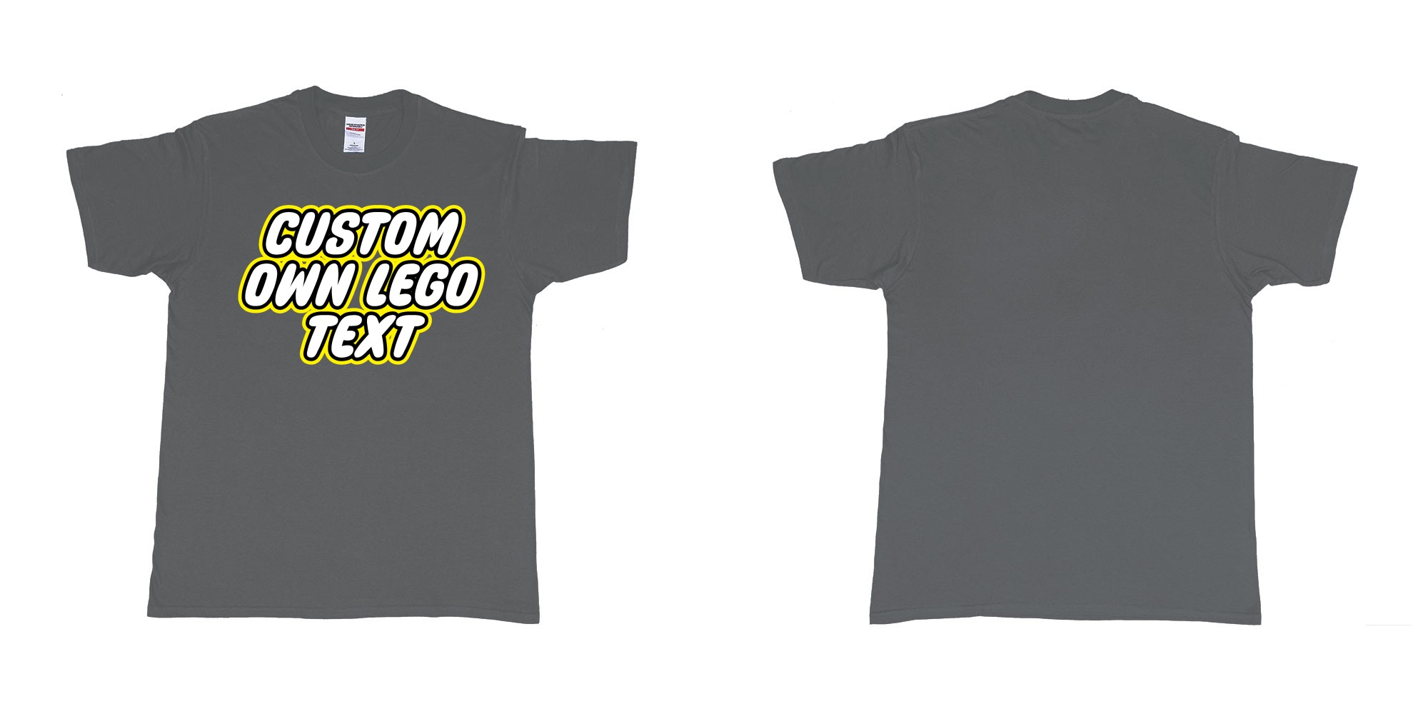 Custom tshirt design own custom lego font text tshirt printing bali in fabric color charcoal choice your own text made in Bali by The Pirate Way