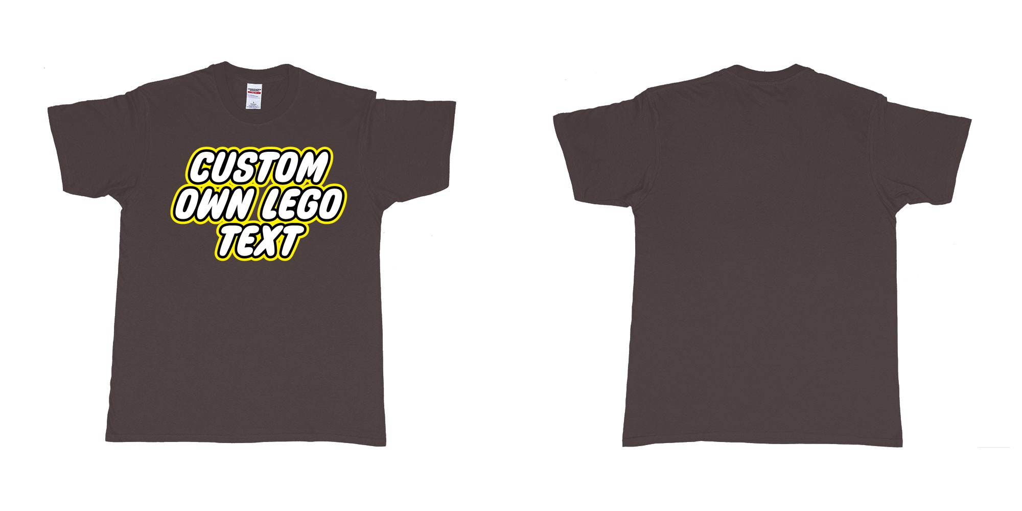 Custom tshirt design own custom lego font text tshirt printing bali in fabric color dark-chocolate choice your own text made in Bali by The Pirate Way