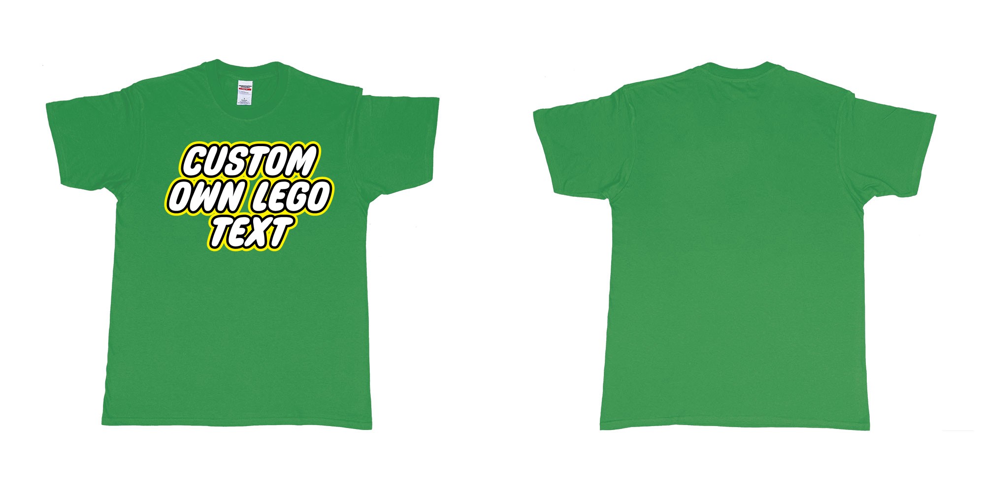 Custom tshirt design own custom lego font text tshirt printing bali in fabric color irish-green choice your own text made in Bali by The Pirate Way
